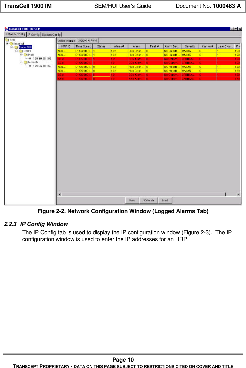TransCell 1900TM SEM/HUI User’s Guide Document No. 1000483 APage 10TRANSCEPT PROPRIETARY - DATA ON THIS PAGE SUBJECT TO RESTRICTIONS CITED ON COVER AND TITLEFigure 2-2. Network Configuration Window (Logged Alarms Tab)2.2.3 IP Config WindowThe IP Config tab is used to display the IP configuration window (Figure 2-3). The IPconfiguration window is used to enter the IP addresses for an HRP.