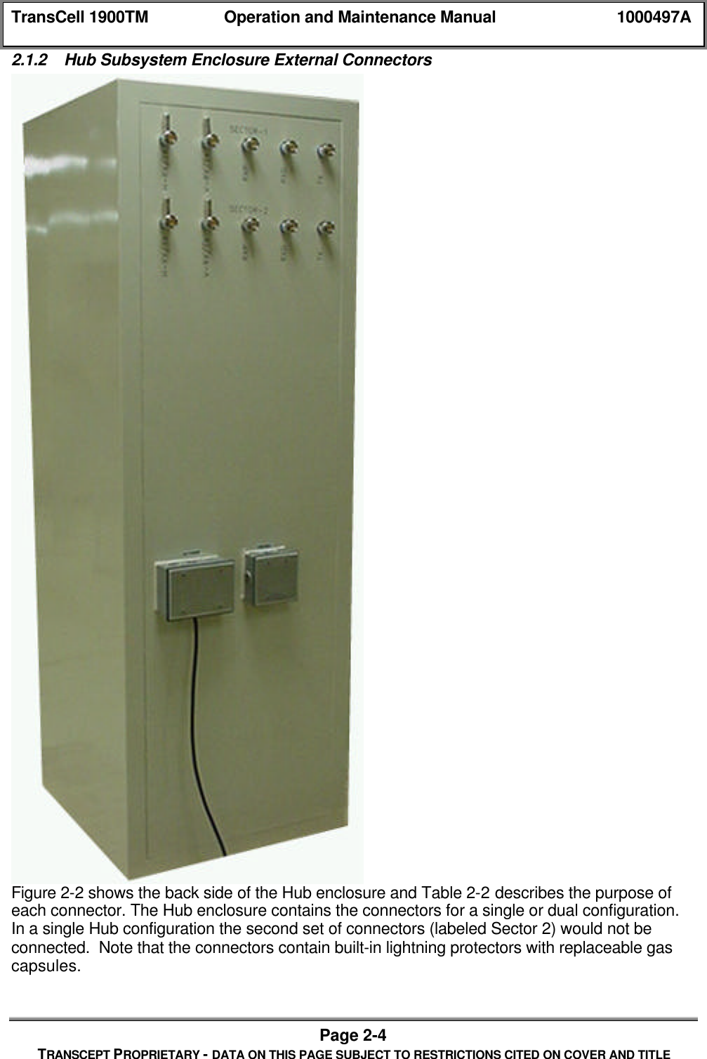 TransCell 1900TM Operation and Maintenance Manual 1000497APage 2-4TRANSCEPT PROPRIETARY - DATA ON THIS PAGE SUBJECT TO RESTRICTIONS CITED ON COVER AND TITLE2.1.2 Hub Subsystem Enclosure External ConnectorsFigure 2-2 shows the back side of the Hub enclosure and Table 2-2 describes the purpose ofeach connector. The Hub enclosure contains the connectors for a single or dual configuration.In a single Hub configuration the second set of connectors (labeled Sector 2) would not beconnected. Note that the connectors contain built-in lightning protectors with replaceable gascapsules.