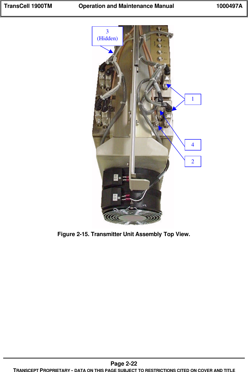 TransCell 1900TM Operation and Maintenance Manual 1000497APage 2-22TRANSCEPT PROPRIETARY - DATA ON THIS PAGE SUBJECT TO RESTRICTIONS CITED ON COVER AND TITLEFigure 2-15. Transmitter Unit Assembly Top View.23(Hidden)41