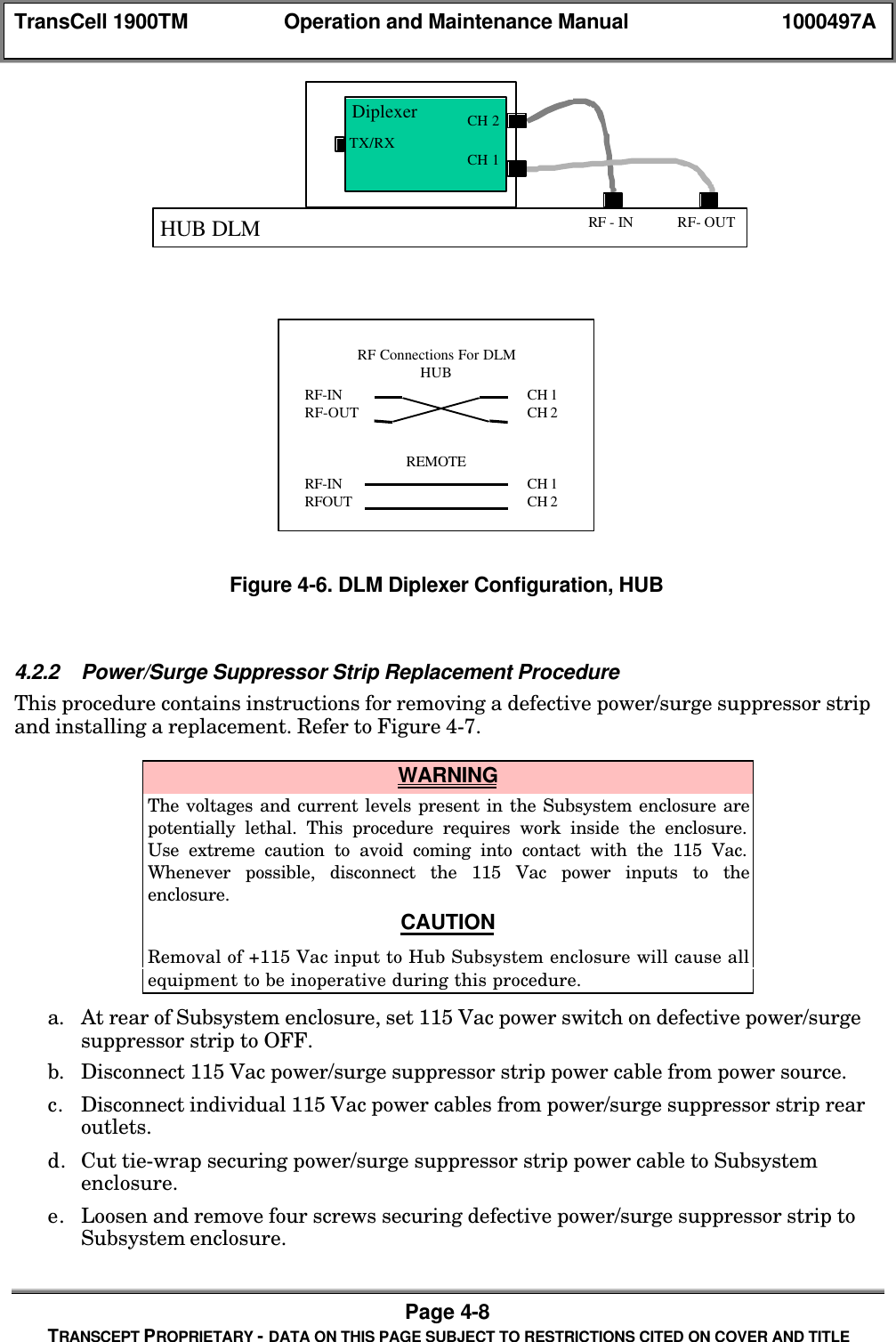 TransCell 1900TM Operation and Maintenance Manual 1000497APage 4-8TRANSCEPT PROPRIETARY - DATA ON THIS PAGE SUBJECT TO RESTRICTIONS CITED ON COVER AND TITLEHUB DLMDiplexerRF - IN RF- OUTTX/RXCH 2CH 1RF Connections For DLMHUBREMOTE RF-INRF-OUTRF-INRFOUTCH 1CH 2CH 1CH 2Figure 4-6. DLM Diplexer Configuration, HUB4.2.2 Power/Surge Suppressor Strip Replacement ProcedureThis procedure contains instructions for removing a defective power/surge suppressor stripand installing a replacement. Refer to Figure 4-7. WARNINGThe voltages and current levels present in the Subsystem enclosure arepotentially lethal. This procedure requires work inside the enclosure.Use extreme caution to avoid coming into contact with the 115 Vac.Whenever possible, disconnect the 115 Vac power inputs to theenclosure.CAUTIONRemoval of +115 Vac input to Hub Subsystem enclosure will cause allequipment to be inoperative during this procedure.a. At rear of Subsystem enclosure, set 115 Vac power switch on defective power/surgesuppressor strip to OFF.b. Disconnect 115 Vac power/surge suppressor strip power cable from power source.c. Disconnect individual 115 Vac power cables from power/surge suppressor strip rearoutlets.d. Cut tie-wrap securing power/surge suppressor strip power cable to Subsystemenclosure.e. Loosen and remove four screws securing defective power/surge suppressor strip toSubsystem enclosure.