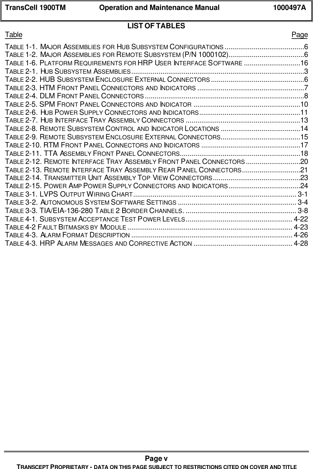 TransCell 1900TM Operation and Maintenance Manual 1000497APage vTRANSCEPT PROPRIETARY - DATA ON THIS PAGE SUBJECT TO RESTRICTIONS CITED ON COVER AND TITLELIST OF TABLESTable PageTABLE 1-1. MAJOR ASSEMBLIES FOR HUB SUBSYSTEM CONFIGURATIONS .........................................6TABLE 1-2. MAJOR ASSEMBLIES FOR REMOTE SUBSYSTEM (P/N 1000102).......................................6TABLE 1-6. PLATFORM REQUIREMENTS FOR HRP USER INTERFACE SOFTWARE .............................16TABLE 2-1. HUB SUBSYSTEM ASSEMBLIES.........................................................................................3TABLE 2-2. HUB SUBSYSTEM ENCLOSURE EXTERNAL CONNECTORS ................................................6TABLE 2-3. HTM FRONT PANEL CONNECTORS AND INDICATORS .......................................................7TABLE 2-4. DLM FRONT PANEL CONNECTORS ..................................................................................8TABLE 2-5. SPM FRONT PANEL CONNECTORS AND INDICATOR .......................................................10TABLE 2-6. HUB POWER SUPPLY CONNECTORS AND INDICATORS....................................................11TABLE 2-7. HUB INTERFACE TRAY ASSEMBLY CONNECTORS ...........................................................13TABLE 2-8. REMOTE SUBSYSTEM CONTROL AND INDICATOR LOCATIONS .........................................14TABLE 2-9. REMOTE SUBSYSTEM ENCLOSURE EXTERNAL CONNECTORS.........................................15TABLE 2-10. RTM FRONT PANEL CONNECTORS AND INDICATORS ...................................................17TABLE 2-11. TTA ASSEMBLY FRONT PANEL CONNECTORS..............................................................18TABLE 2-12. REMOTE INTERFACE TRAY ASSEMBLY FRONT PANEL CONNECTORS ............................20TABLE 2-13. REMOTE INTERFACE TRAY ASSEMBLY REAR PANEL CONNECTORS..............................21TABLE 2-14. TRANSMITTER UNIT ASSEMBLY TOP VIEW CONNECTORS.............................................23TABLE 2-15. POWER AMP POWER SUPPLY CONNECTORS AND INDICATORS.....................................24TABLE 3-1. LVPS OUTPUT WIRING CHART.................................................................................... 3-1TABLE 3-2. AUTONOMOUS SYSTEM SOFTWARE SETTINGS ............................................................. 3-4TABLE 3-3. TIA/EIA-136-280 TABLE 2 BORDER CHANNELS. ......................................................... 3-8TABLE 4-1. SUBSYSTEM ACCEPTANCE TEST POWER LEVELS....................................................... 4-22TABLE 4-2 FAULT BITMASKS BY MODULE ..................................................................................... 4-23TABLE 4-3. ALARM FORMAT DESCRIPTION ................................................................................... 4-26TABLE 4-3. HRP ALARM MESSAGES AND CORRECTIVE ACTION ................................................... 4-28