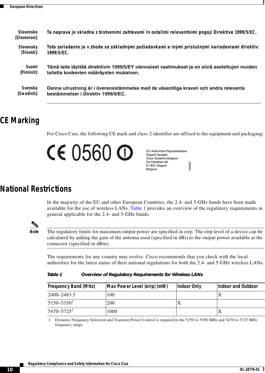  10Regulatory Compliance and Safety Information for Cisco Cius OL-24776-01  European DirectivesCE MarkingFor Cisco Cius, the following CE mark and class-2 identifier are affixed to the equipment and packaging:National RestrictionsIn the majority of the EU and other European Countries, the 2.4- and 5-GHz bands have been made available for the use of wireless LANs. Table 1 provides an overview of the regulatory requirements in general applicable for the 2.4- and 5-GHz bands.Note The regulatory limits for maximum output power are specified in eirp. The eirp level of a device can be calculated by adding the gain of the antenna used (specified in dBi) to the output power available at the connector (specified in dBm).The requirements for any country may evolve. Cisco recommends that you check with the local authorities for the latest status of their national regulations for both the 2.4- and 5-GHz wireless LANs.Slovensko [Slovenian]: Ta naprava je skladna z bistvenimi zahtevami in ostalimi relevantnimi pogoji Direktive 1999/5/EC.Slovensky [Slovak]: Toto zariadenie je v zhode so základnými požiadavkami a inými príslušnými nariadeniami direktív: 1999/5/EC. Suomi [Finnish]: Svenska [Swedish]: 330263EU Authorized Representative:Edgard VangeelCisco Systems BelgiumDe Kleetlaan 6AB 1831 DiegemBelgiumTable 1 Overview of Regulatory Requirements for Wireless LANs Frequency Band (MHz) Max Power Level (eirp) (mW) Indoor Only Indoor and Outdoor2400–2483.5 100 X5150–535011. Dynamic Frequency Selection and Transmit Power Control is required in the 5250 to 5350 MHz and 5470 to 5725 MHz frequency range.200 X5470–572511000 X