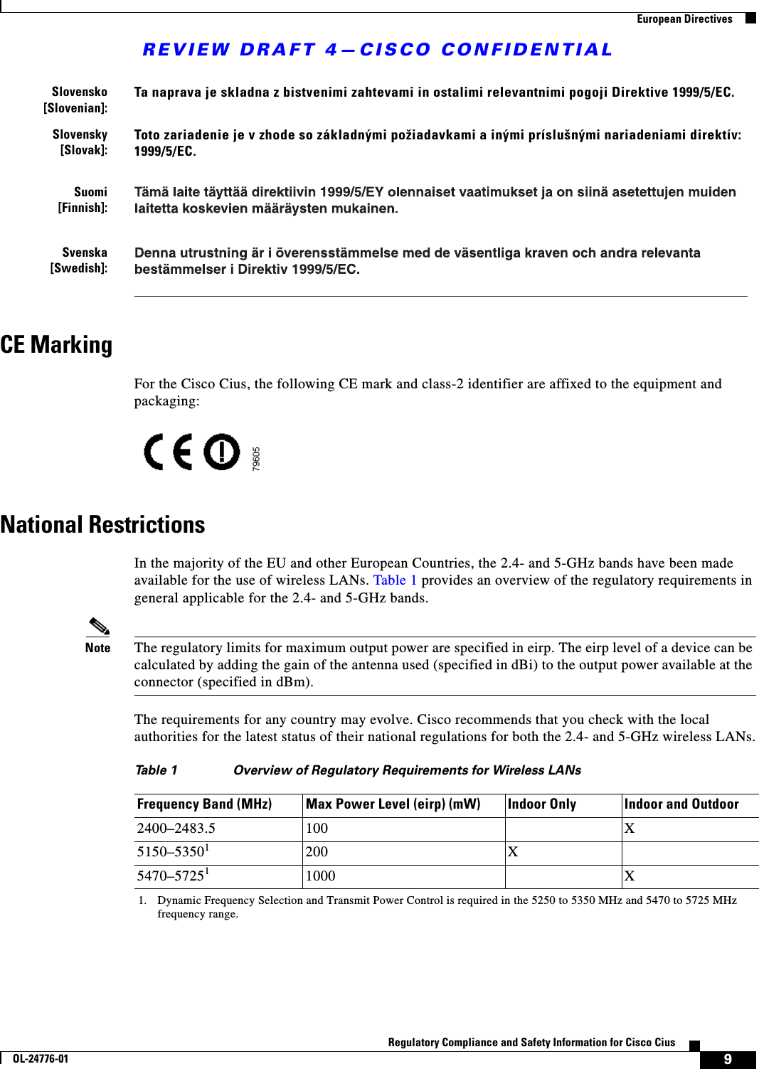 REVIEW DRAFT 4—CISCO CONFIDENTIAL9Regulatory Compliance and Safety Information for Cisco CiusOL-24776-01  European DirectivesCE MarkingFor the Cisco Cius, the following CE mark and class-2 identifier are affixed to the equipment and packaging:National RestrictionsIn the majority of the EU and other European Countries, the 2.4- and 5-GHz bands have been made available for the use of wireless LANs. Table 1 provides an overview of the regulatory requirements in general applicable for the 2.4- and 5-GHz bands.Note The regulatory limits for maximum output power are specified in eirp. The eirp level of a device can be calculated by adding the gain of the antenna used (specified in dBi) to the output power available at the connector (specified in dBm).The requirements for any country may evolve. Cisco recommends that you check with the local authorities for the latest status of their national regulations for both the 2.4- and 5-GHz wireless LANs.Slovensko [Slovenian]:Ta naprava je skladna z bistvenimi zahtevami in ostalimi relevantnimi pogoji Direktive 1999/5/EC.Slovensky [Slovak]:Toto zariadenie je v zhode so základnými požiadavkami a inými príslušnými nariadeniami direktív: 1999/5/EC. Suomi [Finnish]: Svenska [Swedish]: Table 1 Overview of Regulatory Requirements for Wireless LANs Frequency Band (MHz) Max Power Level (eirp) (mW) Indoor Only Indoor and Outdoor2400–2483.5 100 X5150–535011. Dynamic Frequency Selection and Transmit Power Control is required in the 5250 to 5350 MHz and 5470 to 5725 MHz frequency range.200 X5470–572511000 X