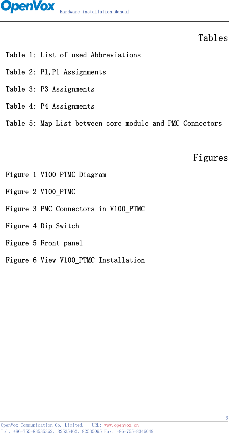   Hardware installation Manual   OpenVox Communication Co. Limited.   URL: www.openvox.cn   Tel: +86-755-83535362，82535462，82535095 Fax: +86-755-8346049  6Tables  Table 1: List of used Abbreviations  Table 2: P1,P1 Assignments Table 3: P3 Assignments Table 4: P4 Assignments Table 5: Map List between core module and PMC Connectors  Figures Figure 1 V100_PTMC Diagram Figure 2 V100_PTMC  Figure 3 PMC Connectors in V100_PTMC Figure 4 Dip Switch Figure 5 Front panel Figure 6 View V100_PTMC Installation 