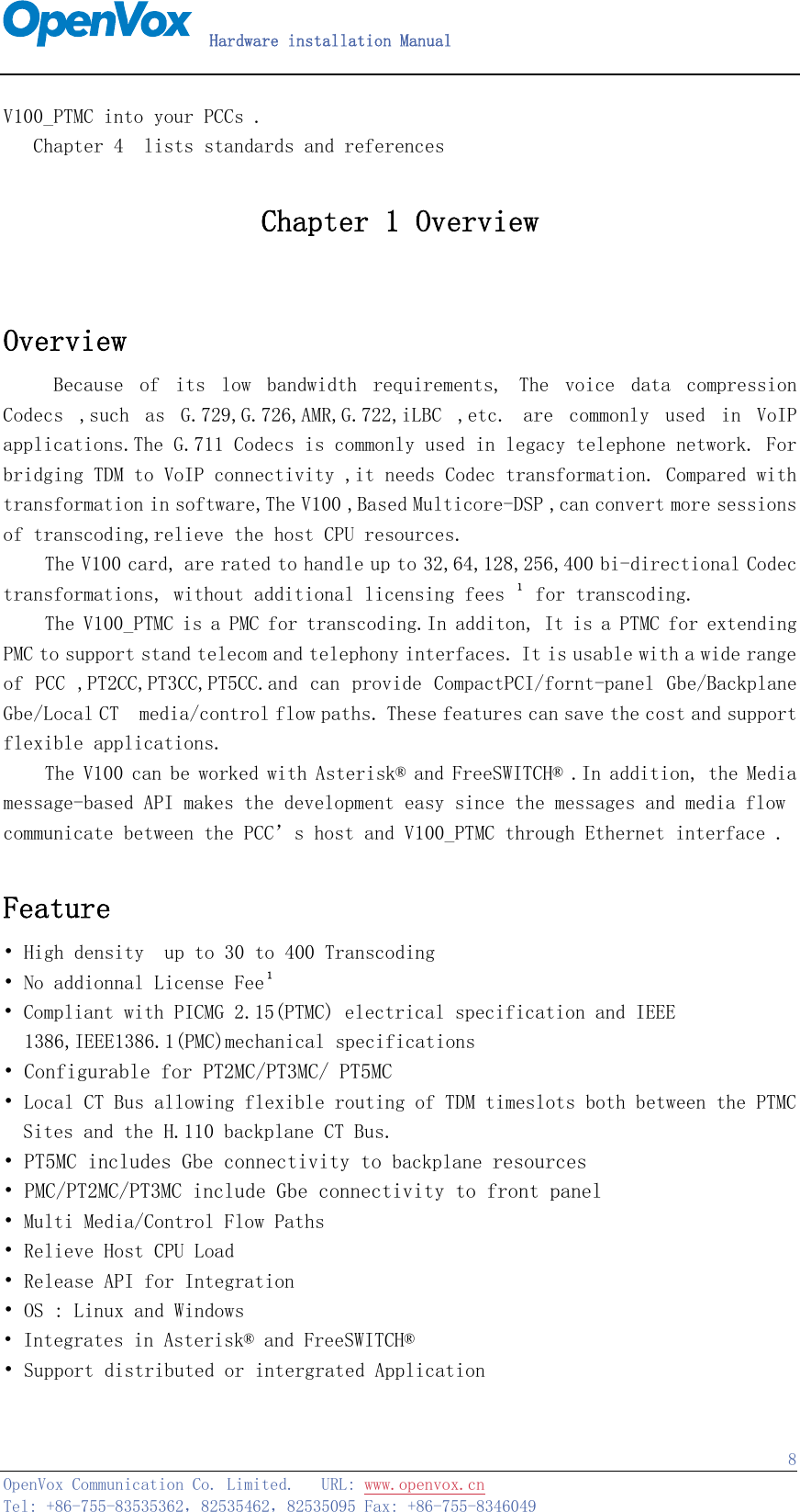 OpenVox Communication V100-PTMC Transcoding Cards User Manual V100 Ptmc ...