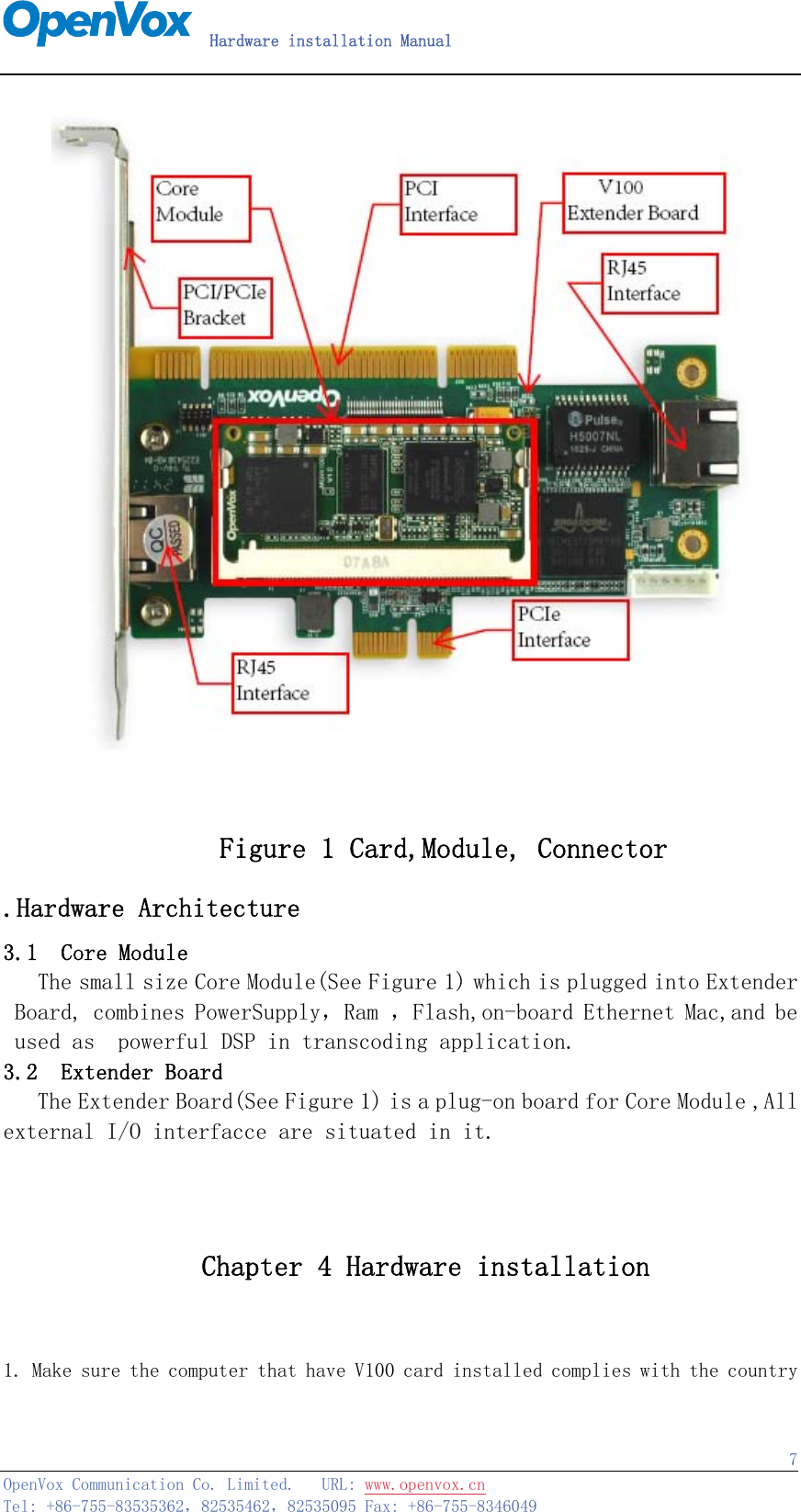   Hardware installation Manual   OpenVox Communication Co. Limited.   URL: www.openvox.cn   Tel: +86-755-83535362，82535462，82535095 Fax: +86-755-8346049  7                 Figure 1 Card,Module, Connector .Hardware Architecture 3.1  Core Module  The small size Core Module(See Figure 1) which is plugged into Extender Board, combines PowerSupply，Ram ，Flash,on-board Ethernet Mac,and be used as  powerful DSP in transcoding application. 3.2  Extender Board The Extender Board(See Figure 1) is a plug-on board for Core Module ,All external I/O interfacce are situated in it.                   Chapter 4 Hardware installation  1. Make sure the computer that have V100 card installed complies with the country 