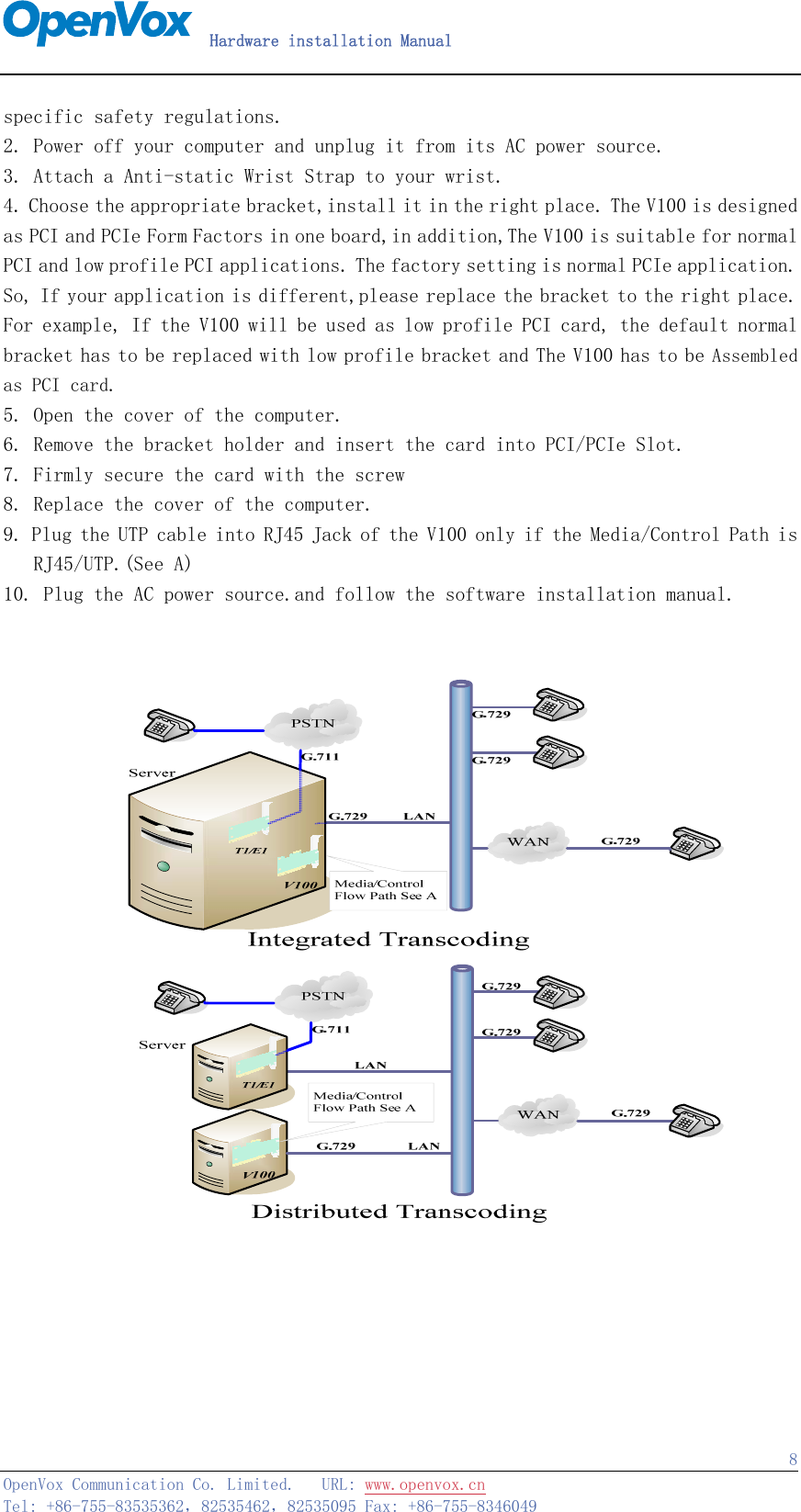   Hardware installation Manual   OpenVox Communication Co. Limited.   URL: www.openvox.cn   Tel: +86-755-83535362，82535462，82535095 Fax: +86-755-8346049  8specific safety regulations. 2. Power off your computer and unplug it from its AC power source. 3. Attach a Anti-static Wrist Strap to your wrist. 4. Choose the appropriate bracket,install it in the right place. The V100 is designed as PCI and PCIe Form Factors in one board,in addition,The V100 is suitable for normal PCI and low profile PCI applications. The factory setting is normal PCIe application. So, If your application is different,please replace the bracket to the right place. For example, If the V100 will be used as low profile PCI card, the default normal bracket has to be replaced with low profile bracket and The V100 has to be Assembled as PCI card. 5. Open the cover of the computer. 6. Remove the bracket holder and insert the card into PCI/PCIe Slot. 7. Firmly secure the card with the screw 8. Replace the cover of the computer. 9. Plug the UTP cable into RJ45 Jack of the V100 only if the Media/Control Path is    RJ45/UTP.(See A)  10. Plug the AC power source.and follow the software installation manual.    