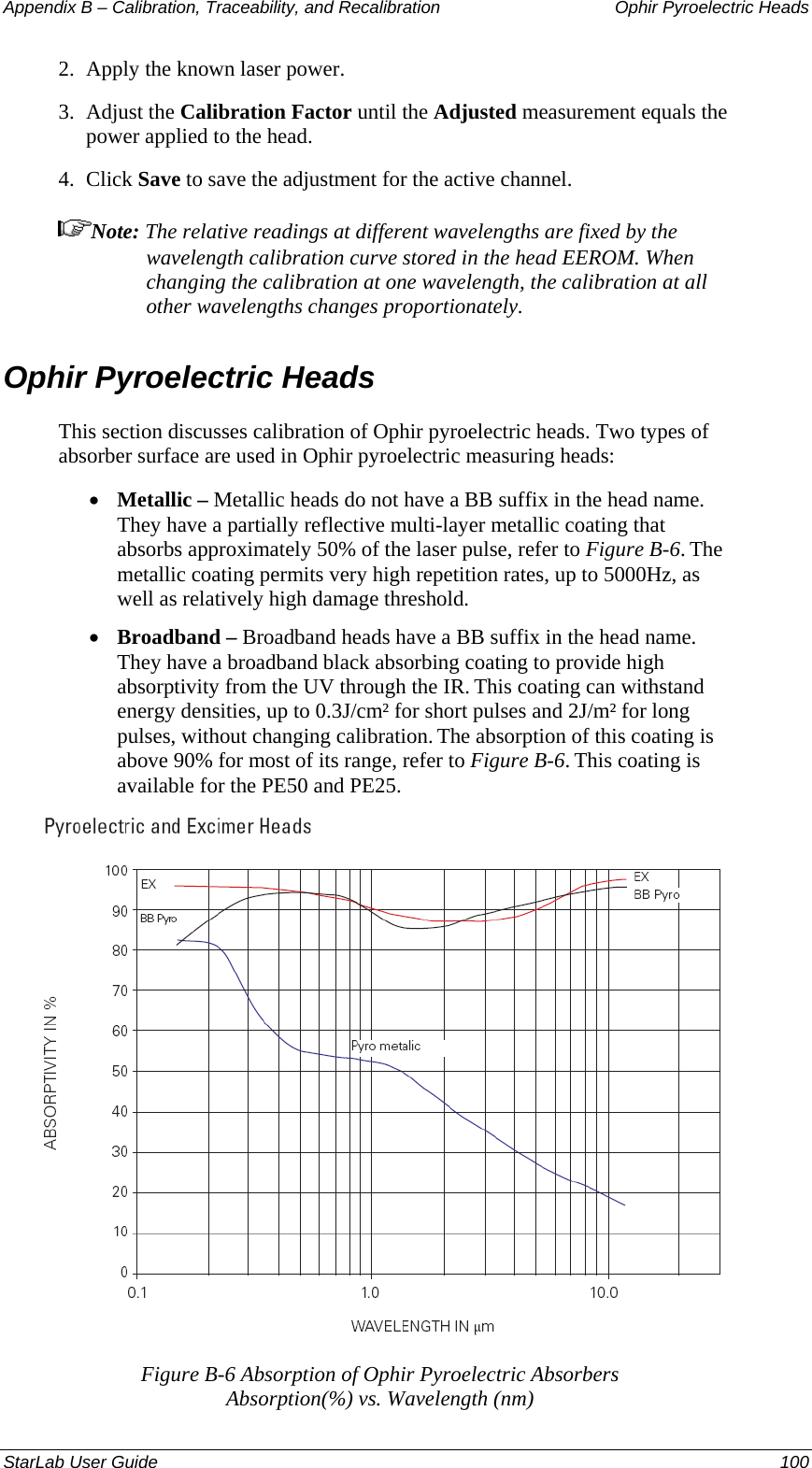 Appendix B – Calibration, Traceability, and Recalibration   Ophir Pyroelectric Heads 2.  Apply the known laser power. 3.  Adjust the Calibration Factor until the Adjusted measurement equals the power applied to the head.  4.  Click Save to save the adjustment for the active channel. Note: The relative readings at different wavelengths are fixed by the wavelength calibration curve stored in the head EEROM. When changing the calibration at one wavelength, the calibration at all other wavelengths changes proportionately. Ophir Pyroelectric Heads This section discusses calibration of Ophir pyroelectric heads. Two types of absorber surface are used in Ophir pyroelectric measuring heads: Metallic – Metallic heads do not have a BB suffix in the head name. They have a partially reflective multi-layer metallic coating that absorbs approximately 50% of the laser pulse, refer to Figure B-6. The metallic coating permits very high repetition rates, up to 5000Hz, as well as relatively high damage threshold. • • Broadband – Broadband heads have a BB suffix in the head name. They have a broadband black absorbing coating to provide high absorptivity from the UV through the IR. This coating can withstand energy densities, up to 0.3J/cm² for short pulses and 2J/m² for long pulses, without changing calibration. The absorption of this coating is above 90% for most of its range, refer to Figure B-6. This coating is available for the PE50 and PE25.  Figure B-6 Absorption of Ophir Pyroelectric Absorbers Absorption(%) vs. Wavelength (nm) StarLab User Guide  100 