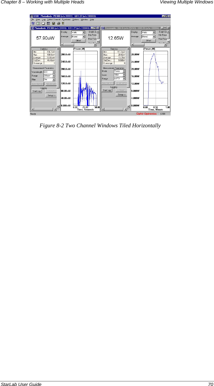 Chapter 8 – Working with Multiple Heads  Viewing Multiple Windows  Figure 8-2 Two Channel Windows Tiled Horizontally StarLab User Guide    70 