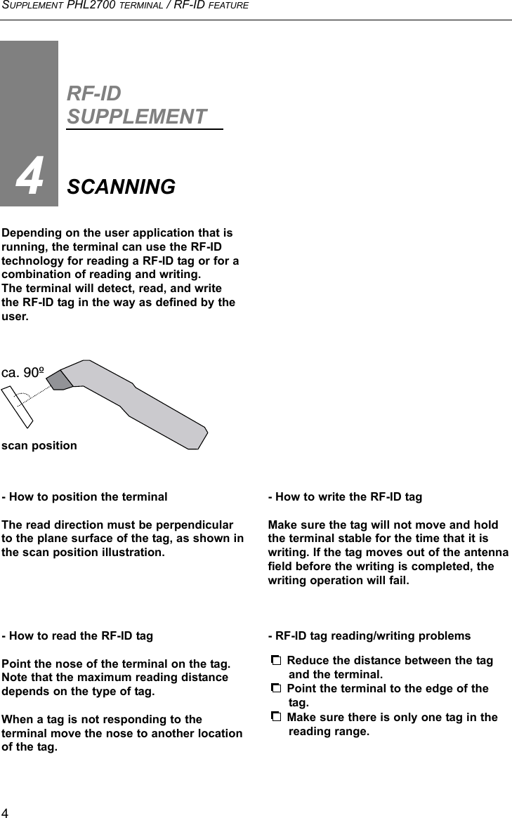 SUPPLEMENT PHL2700 TERMINAL / RF-ID FEATURE4RF-IDSUPPLEMENTSCANNING4Depending on the user application that is running, the terminal can use the RF-ID technology for reading a RF-ID tag or for acombination of reading and writing.The terminal will detect, read, and write the RF-ID tag in the way as defined by theuser.- How to position the terminalThe read direction must be perpendicularto the plane surface of the tag, as shown inthe scan position illustration.- How to read the RF-ID tagPoint the nose of the terminal on the tag.Note that the maximum reading distancedepends on the type of tag. When a tag is not responding to the terminal move the nose to another locationof the tag.- How to write the RF-ID tagMake sure the tag will not move and holdthe terminal stable for the time that it iswriting. If the tag moves out of the antennafield before the writing is completed, thewriting operation will fail.- RF-ID tag reading/writing problemsReduce the distance between the tag and the terminal.Point the terminal to the edge of the tag.Make sure there is only one tag in thereading range.ca. 90ºscan position