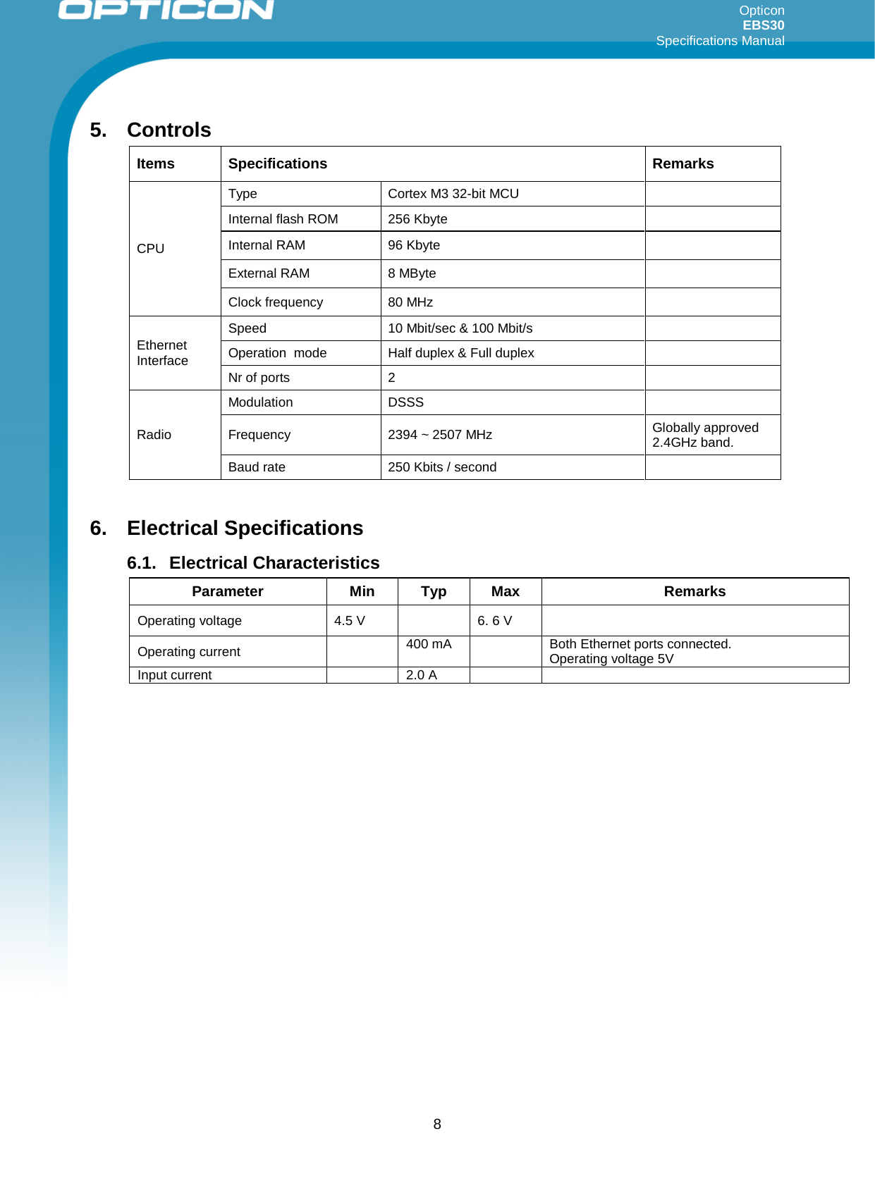 Opticon EBS30  Specifications Manual      8 5. Controls Items Specifications Remarks CPU Type Cortex M3 32-bit MCU   Internal flash ROM 256 Kbyte   Internal RAM 96 Kbyte   External RAM 8 MByte   Clock frequency 80 MHz   Ethernet Interface Speed  10 Mbit/sec &amp; 100 Mbit/s   Operation  mode Half duplex &amp; Full duplex   Nr of ports  2   Radio Modulation  DSSS   Frequency 2394 ~ 2507 MHz Globally approved 2.4GHz band. Baud rate 250 Kbits / second    6. Electrical Specifications 6.1. Electrical Characteristics Parameter Min Typ Max Remarks Operating voltage 4.5 V    6. 6 V   Operating current    400 mA  Both Ethernet ports connected.  Operating voltage 5V Input current   2.0 A       