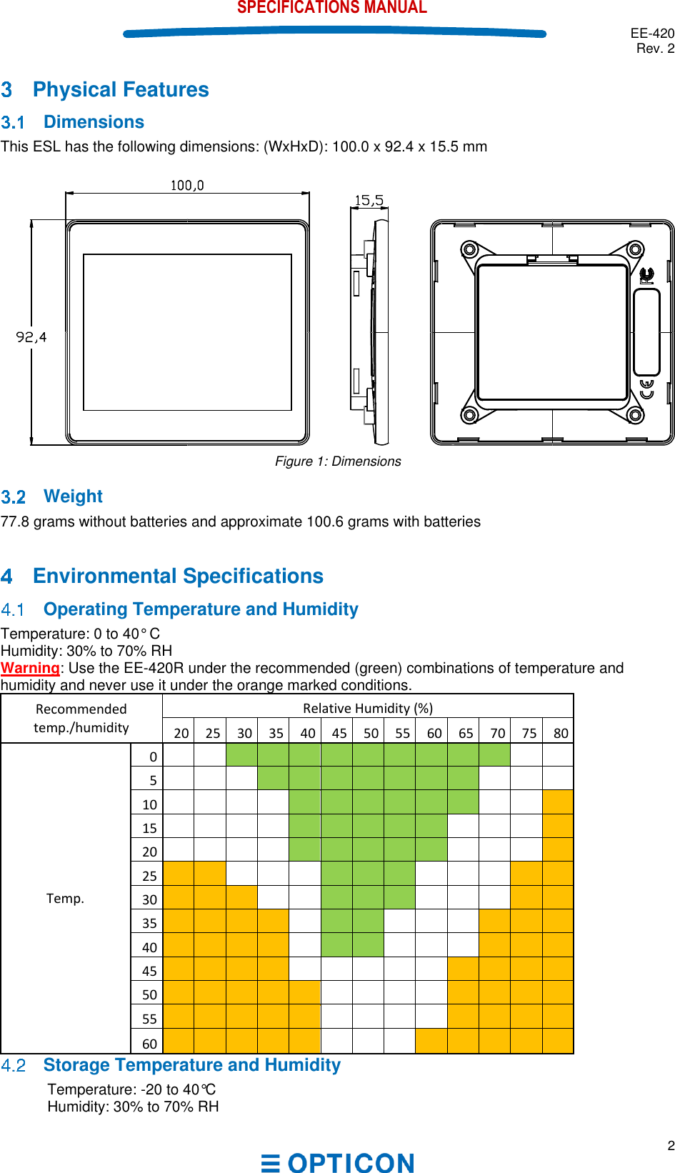  EE-420 Rev. 2  2  SPECIFICATIONS MANUAL   Physical Features   Dimensions This ESL has the following dimensions: (WxHxD): 100.0 x 92.4 x 15.5 mm   Figure 1: Dimensions    Weight 77.8 grams without batteries and approximate 100.6 grams with batteries     Environmental Specifications  Operating Temperature and Humidity Temperature: 0 to 40° C Humidity: 30% to 70% RH Warning: Use the EE-420R under the recommended (green) combinations of temperature and humidity and never use it under the orange marked conditions.  Recommended  temp./humidity Relative Humidity (%) 20 25 30 35 40 45 50 55 60 65 70 75 80 Temp. 0                           5                           10                           15                           20                           25                           30                           35                           40                           45                           50                           55                           60                            Storage Temperature and Humidity Temperature: -20 to 40°C Humidity: 30% to 70% RH 