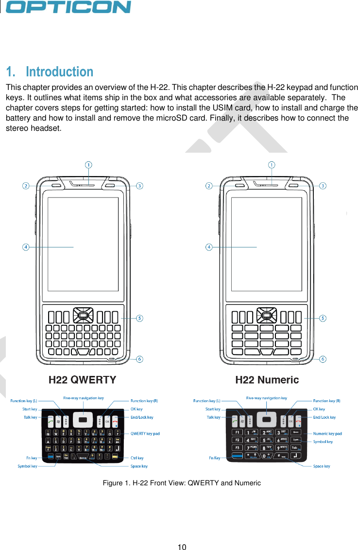 10   10   1. Introduction This chapter provides an overview of the H-22. This chapter describes the H-22 keypad and function keys. It outlines what items ship in the box and what accessories are available separately.  The chapter covers steps for getting started: how to install the USIM card, how to install and charge the battery and how to install and remove the microSD card. Finally, it describes how to connect the stereo headset.    Figure 1. H-22 Front View: QWERTY and Numeric  