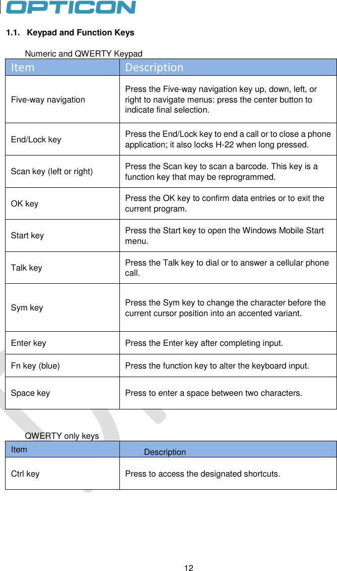 12   12 1.1.  Keypad and Function Keys  Numeric and QWERTY Keypad Item Description Five-way navigation Press the Five-way navigation key up, down, left, or right to navigate menus: press the center button to indicate final selection. End/Lock key Press the End/Lock key to end a call or to close a phone application; it also locks H-22 when long pressed. Scan key (left or right) Press the Scan key to scan a barcode. This key is a function key that may be reprogrammed. OK key Press the OK key to confirm data entries or to exit the current program. Start key Press the Start key to open the Windows Mobile Start menu. Talk key Press the Talk key to dial or to answer a cellular phone call. Sym key Press the Sym key to change the character before the current cursor position into an accented variant. Enter key Press the Enter key after completing input. Fn key (blue) Press the function key to alter the keyboard input. Space key Press to enter a space between two characters.  QWERTY only keys Item Description Ctrl key Press to access the designated shortcuts. 
