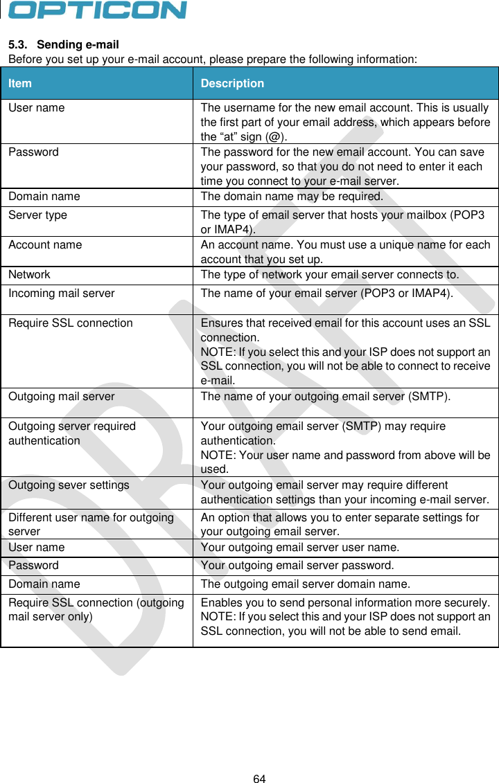 64   64 5.3.  Sending e-mail Before you set up your e-mail account, please prepare the following information: Item Description User name The username for the new email account. This is usually the first part of your email address, which appears before the “at” sign (@). Password The password for the new email account. You can save your password, so that you do not need to enter it each time you connect to your e-mail server. Domain name The domain name may be required. Server type The type of email server that hosts your mailbox (POP3 or IMAP4). Account name An account name. You must use a unique name for each account that you set up. Network The type of network your email server connects to. Incoming mail server The name of your email server (POP3 or IMAP4). Require SSL connection Ensures that received email for this account uses an SSL connection.  NOTE: If you select this and your ISP does not support an SSL connection, you will not be able to connect to receive e-mail. Outgoing mail server The name of your outgoing email server (SMTP). Outgoing server required authentication Your outgoing email server (SMTP) may require authentication.  NOTE: Your user name and password from above will be used. Outgoing sever settings Your outgoing email server may require different authentication settings than your incoming e-mail server. Different user name for outgoing server An option that allows you to enter separate settings for your outgoing email server. User name Your outgoing email server user name. Password Your outgoing email server password. Domain name The outgoing email server domain name. Require SSL connection (outgoing mail server only) Enables you to send personal information more securely.  NOTE: If you select this and your ISP does not support an SSL connection, you will not be able to send email.    