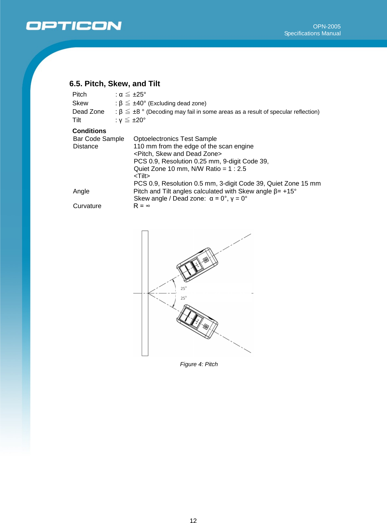 12                 OPN-2005                                                                                                                                                                   Specifications Manual         6.5. Pitch, Skew, and Tilt Pitch  : α ≦ ±25° Skew  : β ≦ ±40° (Excluding dead zone) Dead Zone  : β ≦ ±8 ° (Decoding may fail in some areas as a result of specular reflection) Tilt : γ ≦ ±20°  Conditions Bar Code Sample Optoelectronics Test Sample Distance 110 mm from the edge of the scan engine &lt;Pitch, Skew and Dead Zone&gt; PCS 0.9, Resolution 0.25 mm, 9-digit Code 39, Quiet Zone 10 mm, N/W Ratio = 1 : 2.5 &lt;Tilt&gt; PCS 0.9, Resolution 0.5 mm, 3-digit Code 39, Quiet Zone 15 mm Angle Pitch and Tilt angles calculated with Skew angle β= +15° Skew angle / Dead zone:  α = 0°, γ = 0° Curvature R = ∞                          Figure 4: Pitch25o  25o  