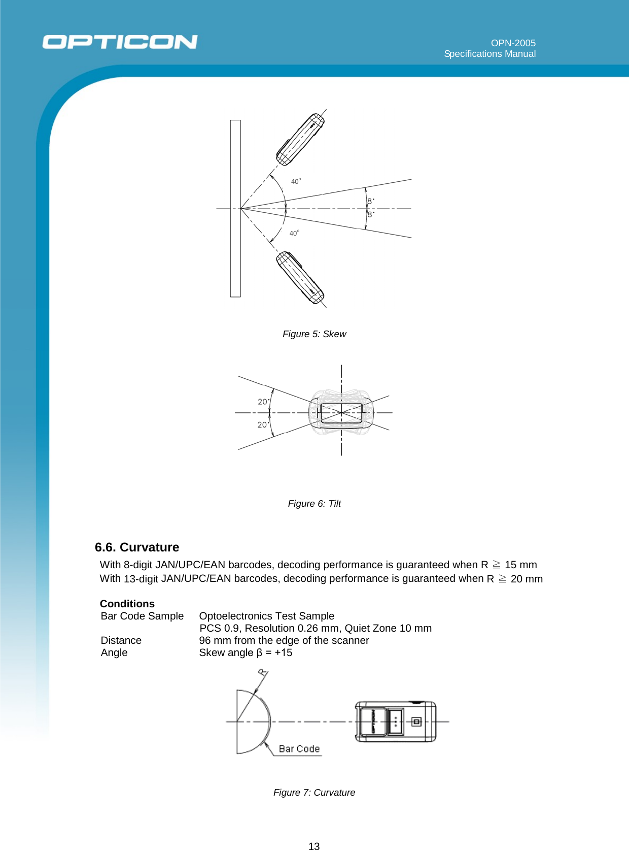 13                 OPN-2005                                                                                                                                                                   Specifications Manual                            Figure 5: Skew               Figure 6: Tilt  6.6. Curvature With 8-digit JAN/UPC/EAN barcodes, decoding performance is guaranteed when R ≧ 15 mm With 13-digit JAN/UPC/EAN barcodes, decoding performance is guaranteed when R ≧ 20 mm  Conditions Bar Code Sample Optoelectronics Test Sample PCS 0.9, Resolution 0.26 mm, Quiet Zone 10 mm Distance 96 mm from the edge of the scanner Angle Skew angle β = +15               Figure 7: Curvature    40o  40o  