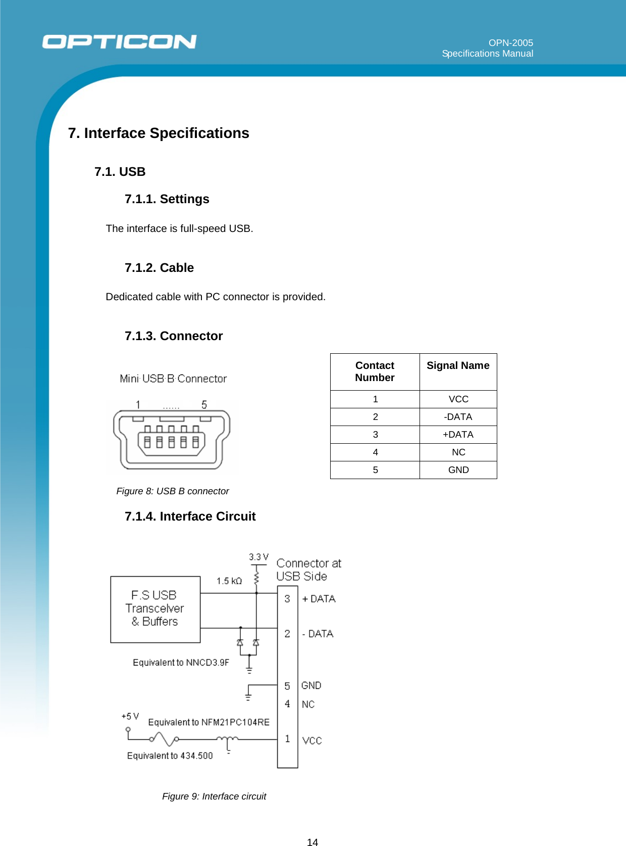 14                 OPN-2005                                                                                                                                                                   Specifications Manual        7. Interface Specifications  7.1. USB  7.1.1. Settings  The interface is full-speed USB.  7.1.2. Cable  Dedicated cable with PC connector is provided.  7.1.3. Connector         Figure 8: USB B connector 7.1.4. Interface Circuit           Figure 9: Interface circuit    Contact Number  Signal Name 1 VCC 2 -DATA 3 +DATA 4 NC 5 GND 