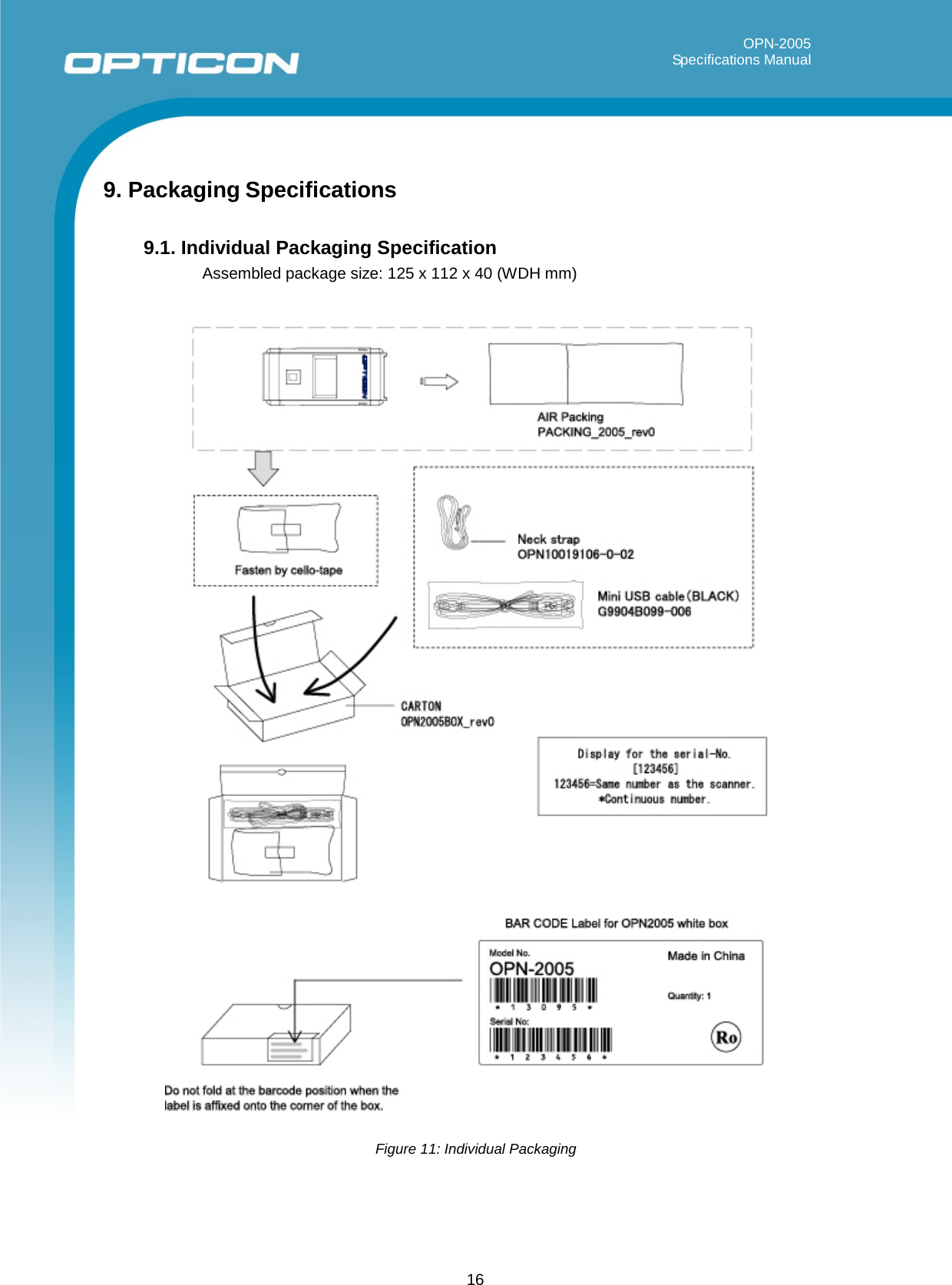 16                 OPN-2005                                                                                                                                                                   Specifications Manual     9. Packaging Specifications  9.1. Individual Packaging Specification Assembled package size: 125 x 112 x 40 (WDH mm)                                                   Figure 11: Individual Packaging    