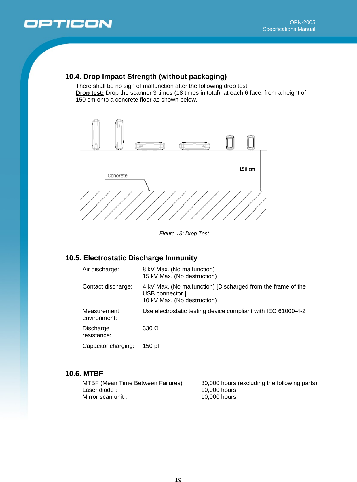 19   OPN-2005 Specifications Manual          10.4. Drop Impact Strength (without packaging) There shall be no sign of malfunction after the following drop test. Drop test: Drop the scanner 3 times (18 times in total), at each 6 face, from a height of 150 cm onto a concrete floor as shown below.                        Figure 13: Drop Test  10.5. Electrostatic Discharge Immunity Air discharge: 8 kV Max. (No malfunction)  15 kV Max. (No destruction) Contact discharge: 4 kV Max. (No malfunction) [Discharged from the frame of the USB connector.] 10 kV Max. (No destruction) Measurement environment: Use electrostatic testing device compliant with IEC 61000-4-2 Discharge resistance: 330 Ω Capacitor charging: 150 pF   10.6. MTBF MTBF (Mean Time Between Failures)  30,000 hours (excluding the following parts) Laser diode :     10,000 hours Mirror scan unit :     10,000 hours150 cm 