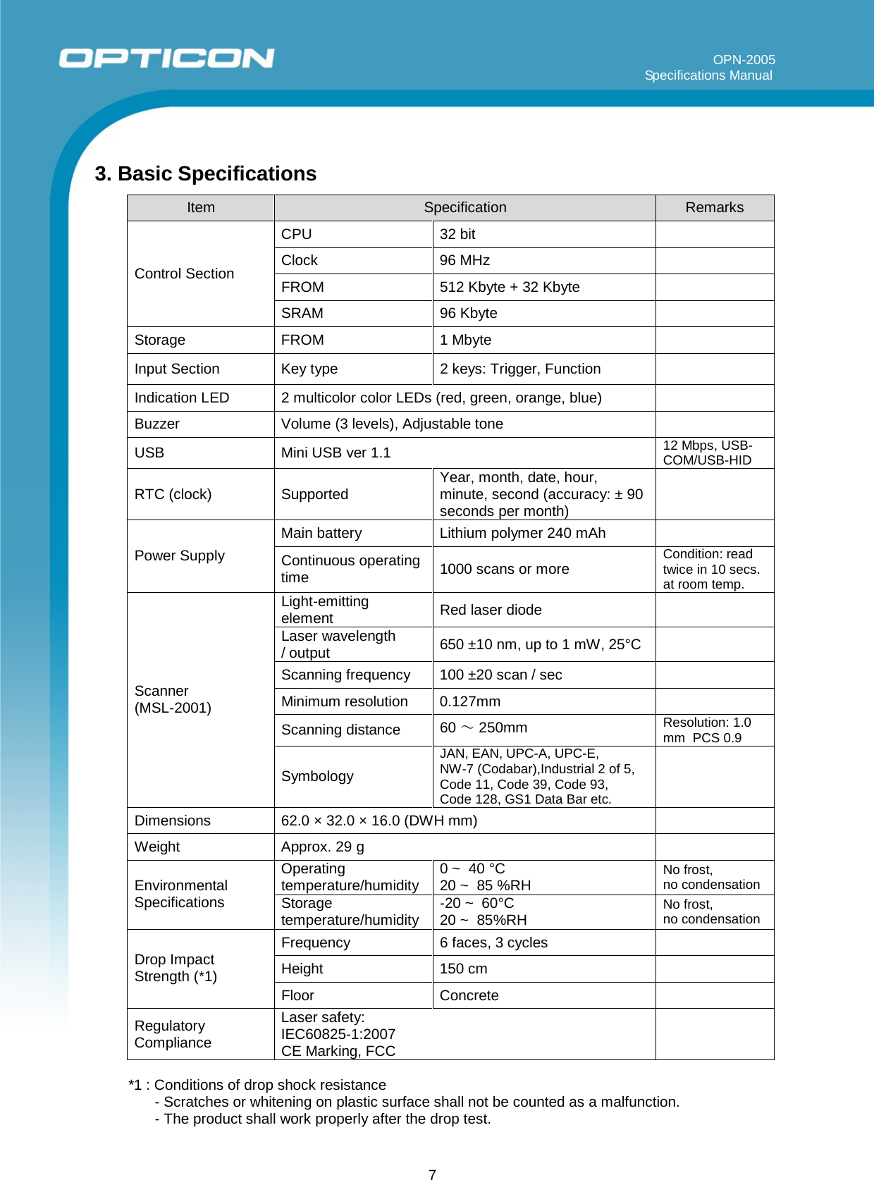 7           OPN-2005                                                                                                                                                                       Specifications Manual     3. Basic Specifications  Item Specification Remarks    Control Section CPU 32 bit  Clock 96 MHz   FROM 512 Kbyte + 32 Kbyte  SRAM 96 Kbyte  Storage FROM 1 Mbyte  Input Section Key type 2 keys: Trigger, Function  Indication LED  2 multicolor color LEDs (red, green, orange, blue)  Buzzer Volume (3 levels), Adjustable tone  USB Mini USB ver 1.1 12 Mbps, USB- COM/USB-HID  RTC (clock)  Supported Year, month, date, hour, minute, second (accuracy: ± 90 seconds per month)    Power Supply Main battery Lithium polymer 240 mAh  Continuous operating time  1000 scans or more Condition: read twice in 10 secs. at room temp.       Scanner (MSL-2001) Light-emitting element  Red laser diode  Laser wavelength / output  650 ±10 nm, up to 1 mW, 25°C   Scanning frequency 100 ±20 scan / sec  Minimum resolution 0.127mm  Scanning distance 60 ～ 250mm Resolution: 1.0 mm  PCS 0.9  Symbology JAN, EAN, UPC-A, UPC-E, NW-7 (Codabar),Industrial 2 of 5, Code 11, Code 39, Code 93, Code 128, GS1 Data Bar etc.  Dimensions  62.0 × 32.0 × 16.0 (DWH mm)  Weight Approx. 29 g    Environmental Specifications Operating temperature/humidity 0 ~  40 °C 20 ~ 85 %RH No frost, no condensation Storage temperature/humidity -20 ~  60°C 20 ~ 85%RH No frost, no condensation  Drop Impact Strength (*1) Frequency 6 faces, 3 cycles  Height 150 cm  Floor Concrete   Regulatory Compliance Laser safety: IEC60825-1:2007 CE Marking, FCC   *1 : Conditions of drop shock resistance - Scratches or whitening on plastic surface shall not be counted as a malfunction. - The product shall work properly after the drop test. 