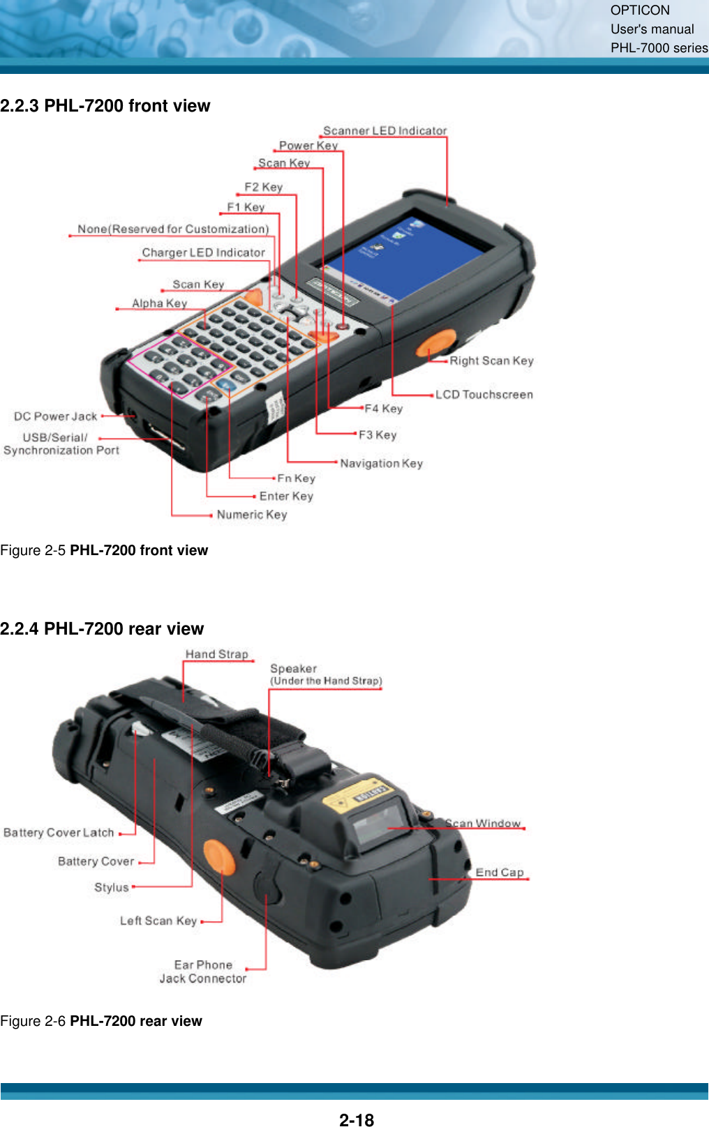 OPTICON User&apos;s manual PHL-7000 series    2-18 2.2.3 PHL-7200 front view  Figure 2-5 PHL-7200 front view   2.2.4 PHL-7200 rear view  Figure 2-6 PHL-7200 rear view 