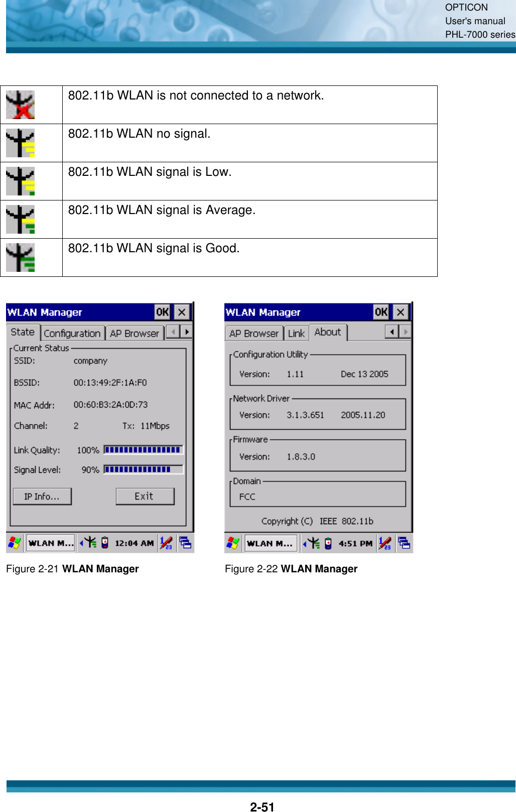 OPTICON User&apos;s manual PHL-7000 series    2-51   802.11b WLAN is not connected to a network.  802.11b WLAN no signal.  802.11b WLAN signal is Low.  802.11b WLAN signal is Average.  802.11b WLAN signal is Good.    Figure 2-21 WLAN Manager Figure 2-22 WLAN Manager    