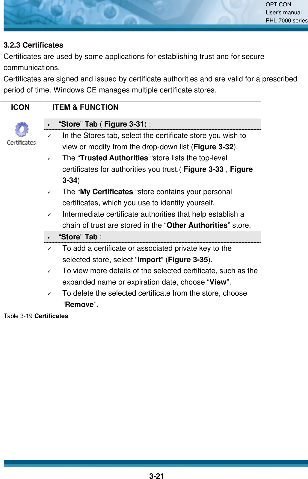 OPTICON User&apos;s manual PHL-7000 series    3-21 3.2.3 Certificates Certificates are used by some applications for establishing trust and for secure communications. Certificates are signed and issued by certificate authorities and are valid for a prescribed period of time. Windows CE manages multiple certificate stores.    ICON  ITEM &amp; FUNCTION • “Store”  Tab ( Figure 3-31) :   ü In the Stores tab, select the certificate store you wish to view or modify from the drop-down list (Figure 3-32).  ü The “Trusted Authorities “store lists the top-level certificates for authorities you trust.( Figure 3-33 , Figure 3-34)  ü The “My Certificates “store contains your personal certificates, which you use to identify yourself.  ü Intermediate certificate authorities that help establish a chain of trust are stored in the “Other Authorities” store. • “Store”  Tab :    ü To add a certificate or associated private key to the selected store, select “Import” (Figure 3-35). ü To view more details of the selected certificate, such as the expanded name or expiration date, choose “View”.  ü To delete the selected certificate from the store, choose “Remove”.  Table 3-19 Certificates   