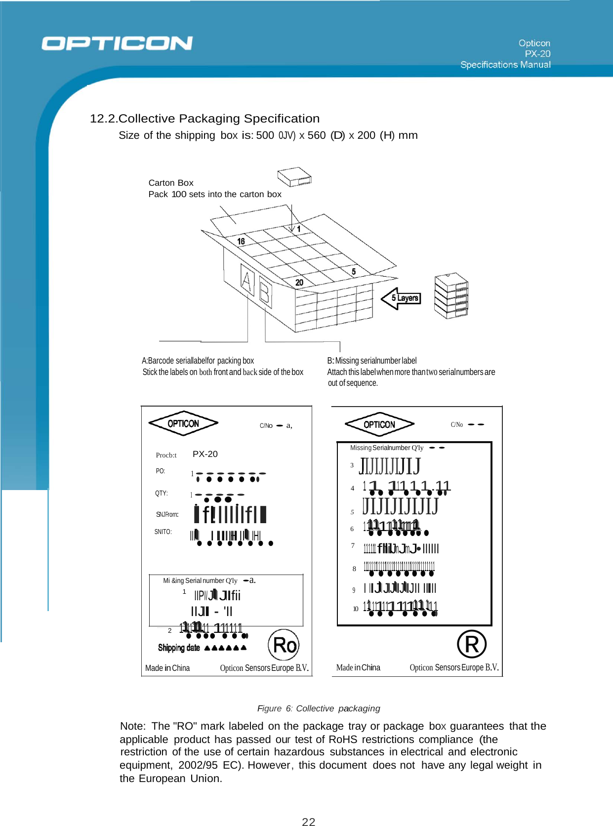 22   • •• •  • ••••••• ••••••••    12.2.Collective Packaging Specification Size of the shipping  box is: 500 0JV) x 560 (D) x 200 (H) mm     Carton Box Pack 100 sets into the carton box                A:Barcode seriallabelfor packing box B:Missing serialnumber label Stick the labels on both front and back side of the box Attach this label when more than two serialnumbers are out of sequence.    C/No • a,   Procb:t PX-20  PO: 1 •••••••  QTY: 1 ••••• SNJFrorn: lfl!lllllfll SNITO: IIHIII I IIIIIIHIII IIIIIIHI    Mi &amp;ing Serial number Q&apos;ly  •a. 1    IIPWJIIIJIIIfii IIJII·&apos;II 2   1•11111111•1111•11•1•111•111•1 • C/No  ••  Missing Serialnumber Q&apos;ly  • • 3   JIIJIJIJIJIJ 4    1 •1••111•1•1•.•1•1 5     IJIJIJIJIJIJ 6     11•111111•11•1111•1111•111•111•111• 7    1111111flmliilJmJmJ• IIIIII 8    11•11111•11111•11111•11111•11111•11111•1111•1111 9      I IIIJIIIIJIIIJIIIIJIIIIJII IIIIII 10  11•11111•111•11•11•1111•111 111•11• ® Made in China  Opticon Sensors Europe B.V. Made in China Opticon Sensors Europe B.V.    Figure 6: Collective packaging  Note: The &quot;RO&quot; mark labeled on the package tray or package  box guarantees that the applicable product has passed our test of RoHS restrictions compliance (the restriction of the use of certain hazardous substances in electrical and electronic equipment, 2002/95 EC). However,  this document does not  have any legal weight in the European Union. 