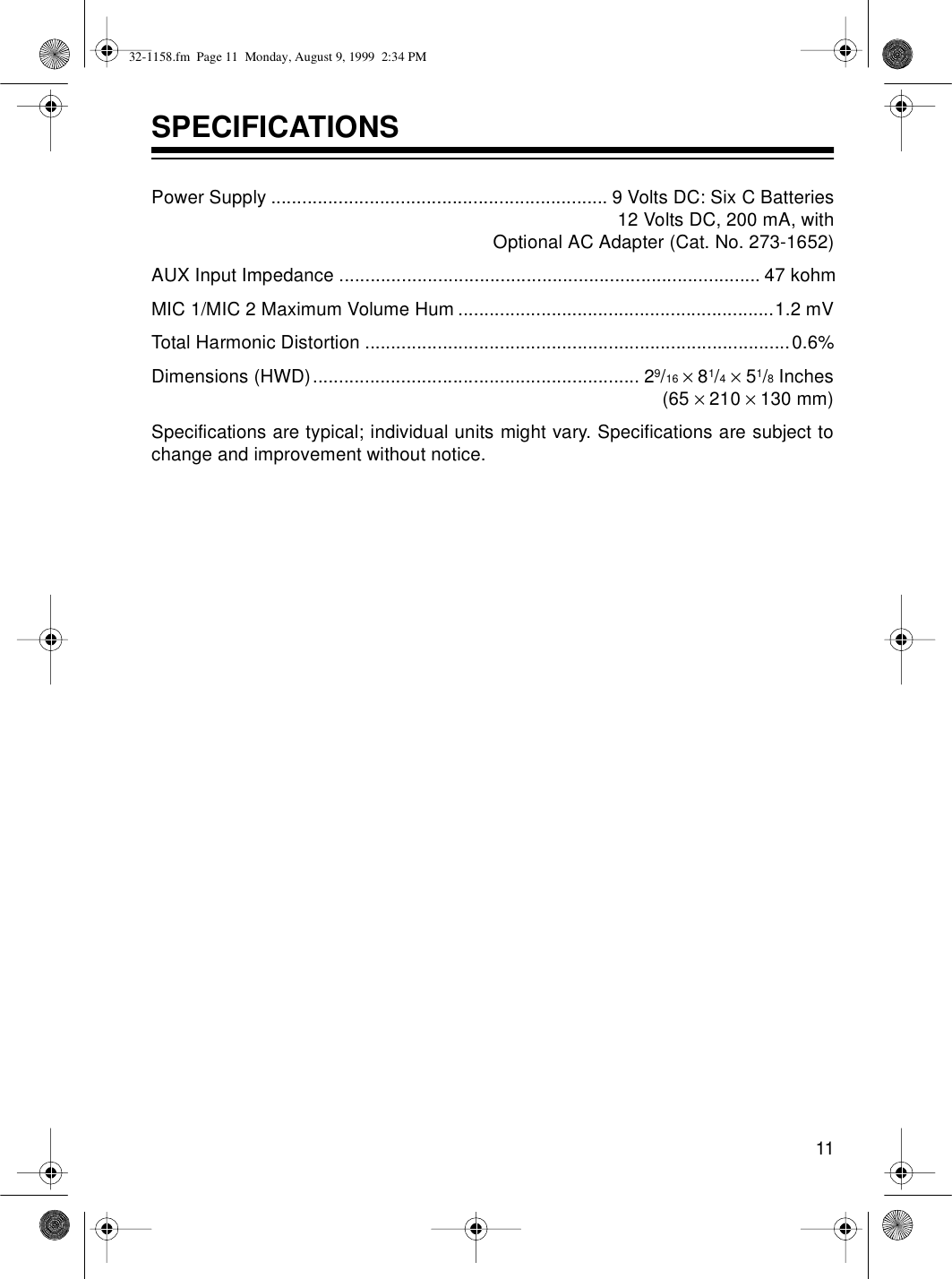 Page 11 of 12 - Optimus Optimus-Karaoke-Mate-32-1158-Users-Manual- 32-1158  Optimus-karaoke-mate-32-1158-users-manual