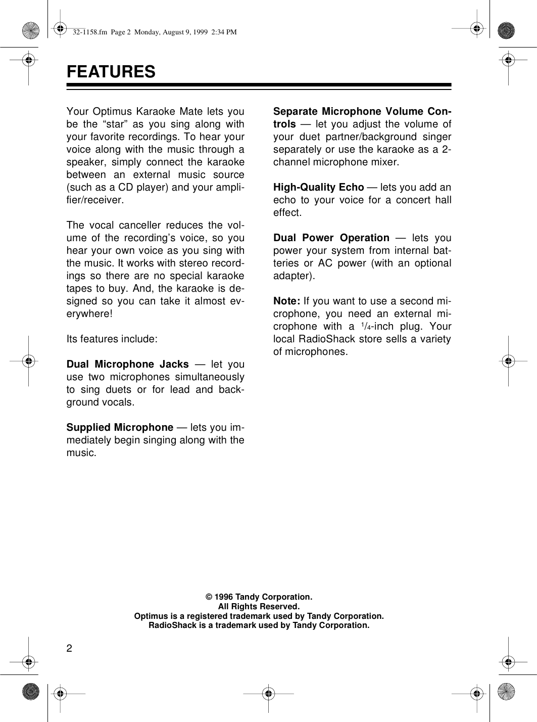 Page 2 of 12 - Optimus Optimus-Karaoke-Mate-32-1158-Users-Manual- 32-1158  Optimus-karaoke-mate-32-1158-users-manual