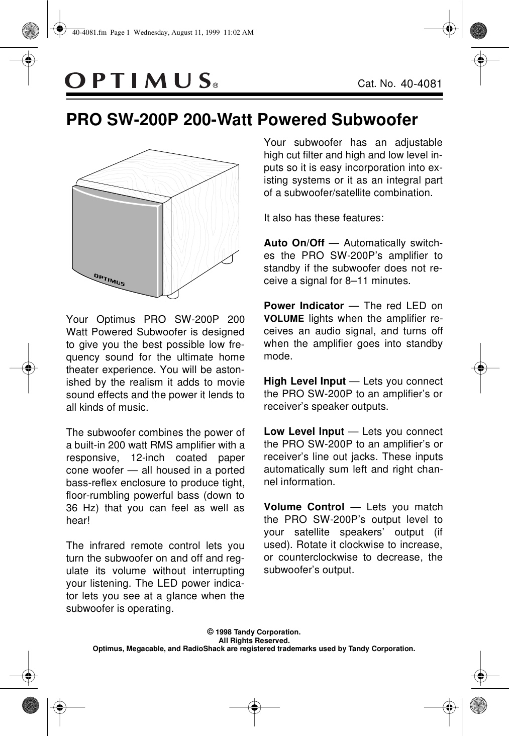 Page 1 of 8 - Optimus Optimus-Pro-Sw-200P-Users-Manual- 40-4081  Optimus-pro-sw-200p-users-manual