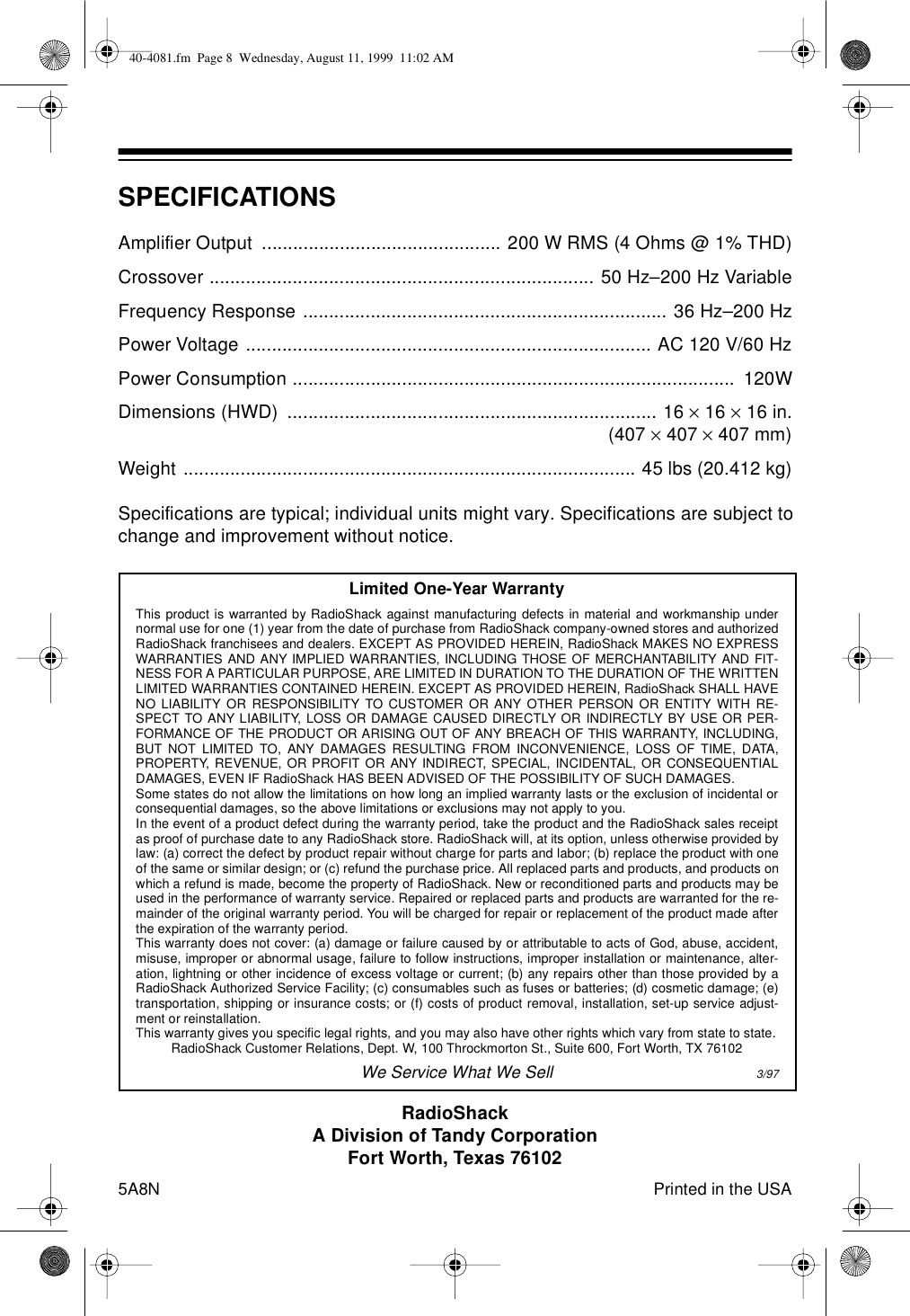 Page 8 of 8 - Optimus Optimus-Pro-Sw-200P-Users-Manual- 40-4081  Optimus-pro-sw-200p-users-manual