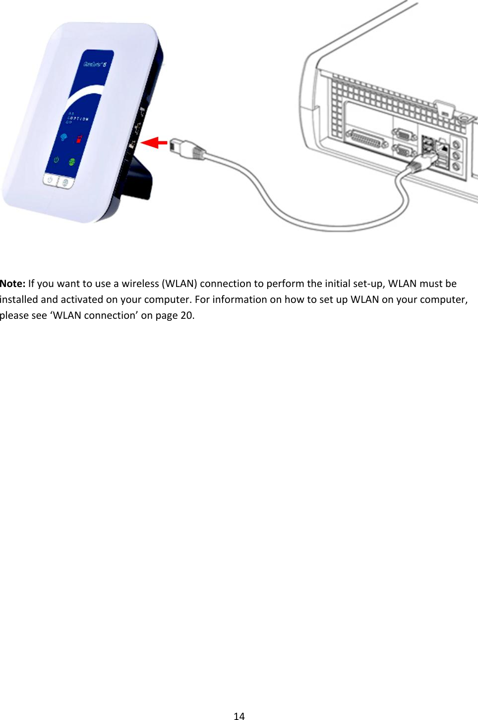 14    Note: If you want to use a wireless (WLAN) connection to perform the initial set-up, WLAN must be installed and activated on your computer. For information on how to set up WLAN on your computer, please see ‘WLAN connection’ on page 20.              