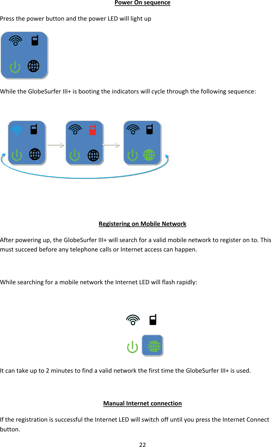 22 Power On sequence Press the power button and the power LED will light up  While the GlobeSurfer III+ is booting the indicators will cycle through the following sequence:     Registering on Mobile Network After powering up, the GlobeSurfer III+ will search for a valid mobile network to register on to. This must succeed before any telephone calls or Internet access can happen.  While searching for a mobile network the Internet LED will flash rapidly:   It can take up to 2 minutes to find a valid network the first time the GlobeSurfer III+ is used.  Manual Internet connection If the registration is successful the Internet LED will switch off until you press the Internet Connect button. 