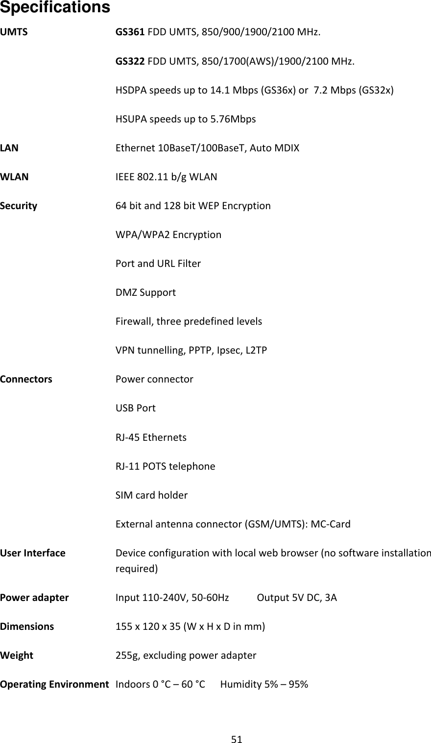 51 Specifications UMTS   GS361 FDD UMTS, 850/900/1900/2100 MHz.   GS322 FDD UMTS, 850/1700(AWS)/1900/2100 MHz.  HSDPA speeds up to 14.1 Mbps (GS36x) or  7.2 Mbps (GS32x)    HSUPA speeds up to 5.76Mbps LAN   Ethernet 10BaseT/100BaseT, Auto MDIX WLAN   IEEE 802.11 b/g WLAN Security   64 bit and 128 bit WEP Encryption    WPA/WPA2 Encryption    Port and URL Filter    DMZ Support    Firewall, three predefined levels    VPN tunnelling, PPTP, Ipsec, L2TP Connectors  Power connector  USB Port  RJ-45 Ethernets  RJ-11 POTS telephone  SIM card holder  External antenna connector (GSM/UMTS): MC-Card User Interface   Device configuration with local web browser (no software installation required) Power adapter   Input 110-240V, 50-60Hz  Output 5V DC, 3A Dimensions   155 x 120 x 35 (W x H x D in mm) Weight   255g, excluding power adapter Operating Environment  Indoors 0 °C – 60 °C  Humidity 5% – 95%  