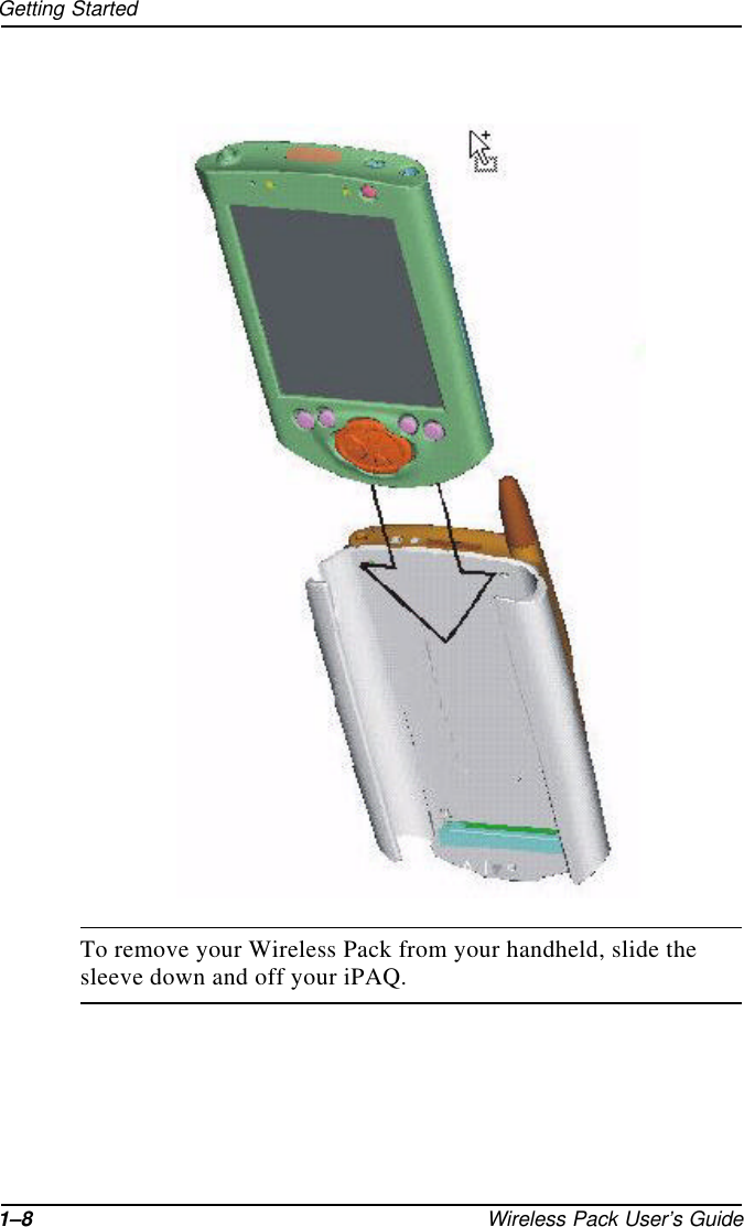 1–8 Wireless Pack User’s GuideGetting StartedTo remove your Wireless Pack from your handheld, slide the sleeve down and off your iPAQ.