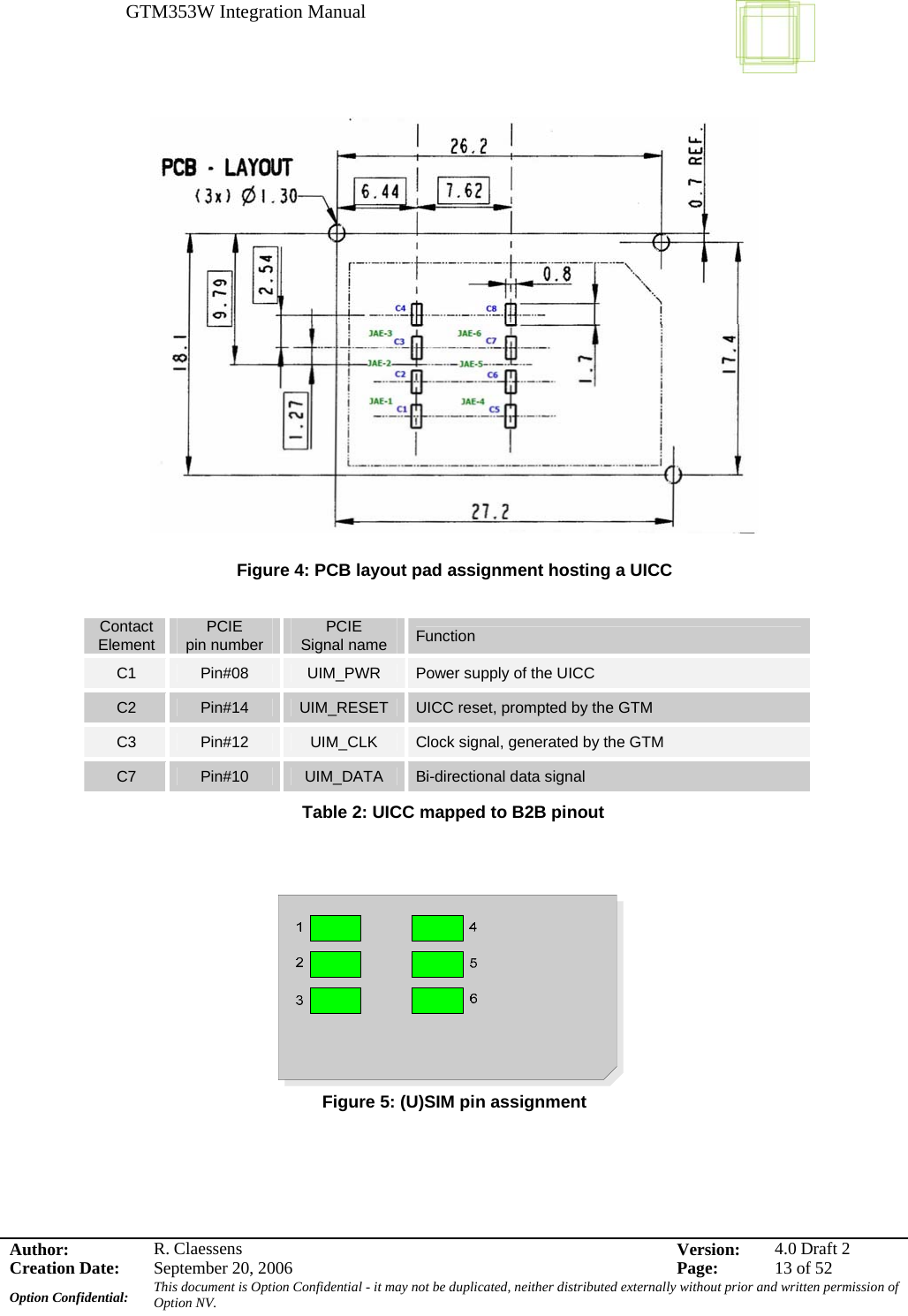GTM353W Integration Manual      Author: R. Claessens  Version:  4.0 Draft 2Creation Date:  September 20, 2006  Page:  13 of 52 Option Confidential:  This document is Option Confidential - it may not be duplicated, neither distributed externally without prior and written permission of Option NV.      Figure 4: PCB layout pad assignment hosting a UICC  Contact Element  PCIE pin number  PCIE Signal name  Function C1  Pin#08  UIM_PWR  Power supply of the UICC C2  Pin#14  UIM_RESET  UICC reset, prompted by the GTM C3  Pin#12  UIM_CLK  Clock signal, generated by the GTM C7  Pin#10  UIM_DATA  Bi-directional data signal  Table 2: UICC mapped to B2B pinout    Figure 5: (U)SIM pin assignment 