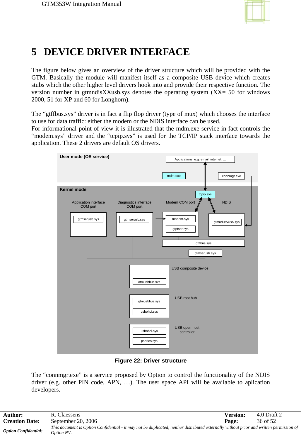 GTM353W Integration Manual      Author: R. Claessens  Version:  4.0 Draft 2Creation Date:  September 20, 2006  Page:  36 of 52 Option Confidential:  This document is Option Confidential - it may not be duplicated, neither distributed externally without prior and written permission of Option NV.    5 DEVICE DRIVER INTERFACE  The figure below gives an overview of the driver structure which will be provided with the GTM. Basically the module will manifest itself as a composite USB device which creates stubs which the other higher level drivers hook into and provide their respective function. The version number in gtmndisXXusb.sys denotes the operating system (XX= 50 for windows 2000, 51 for XP and 60 for Longhorn).  The “gtffbus.sys” driver is in fact a flip flop driver (type of mux) which chooses the interface to use for data traffic: either the modem or the NDIS interface can be used.  For informational point of view it is illustrated that the mdm.exe service in fact controls the “modem.sys” driver and the “tcpip.sys” is used for the TCP/IP stack interface towards the application. These 2 drivers are default OS drivers.                               Figure 22: Driver structure  The “connmgr.exe” is a service proposed by Option to control the functionality of the NDIS driver (e.g. other PIN code, APN, …). The user space API will be available to aplication developers.   gtmserusb.sys Application interface COM port gtmserusb.sys Diagnostics interface COM port gtptser.sys Modem COM port modem.sys gtmndisxxusb.sys gtffbus.sysconnmgr.exe Kernel modeUser mode (OS service) gtmusbbus.sysUSB composite devicegtmusbbus.sys usbohci.sys USB root hubusbohci.sys pseries.sys USB open host controller NDIS mdm.exetcpip.sys Applications: e.g. email, internet, ... gtmserusb.sys 