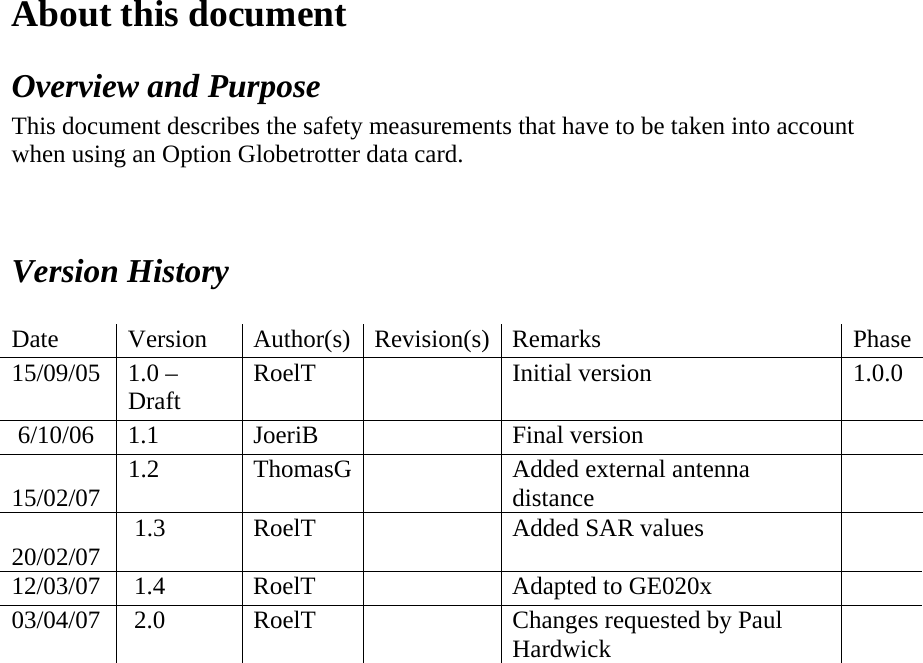 About this document  Overview and Purpose  This document describes the safety measurements that have to be taken into account when using an Option Globetrotter data card.     Version History    Date   Version   Author(s)  Revision(s) Remarks   Phase 15/09/05   1.0 – Draft   RoelT      Initial version   1.0.0   6/10/06  1.1  JoeriB     Final version     15/02/07  1.2  ThomasG    Added external antenna distance     20/02/07   1.3  RoelT     Added SAR values    12/03/07   1.4  RoelT     Adapted to GE020x    03/04/07   2.0  RoelT     Changes requested by Paul Hardwick                             