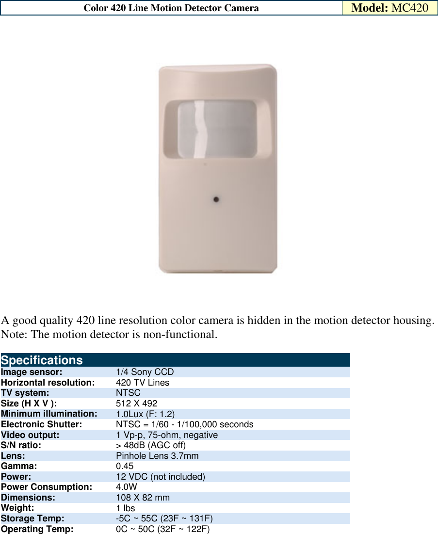 Optiview Motion Detector Camera Mc420 Users Manual