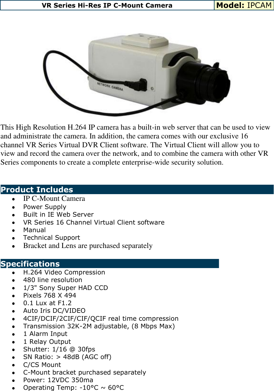 Optiview Vr Series Hi Res Ip C Mount Camera Ipcam Users Manual