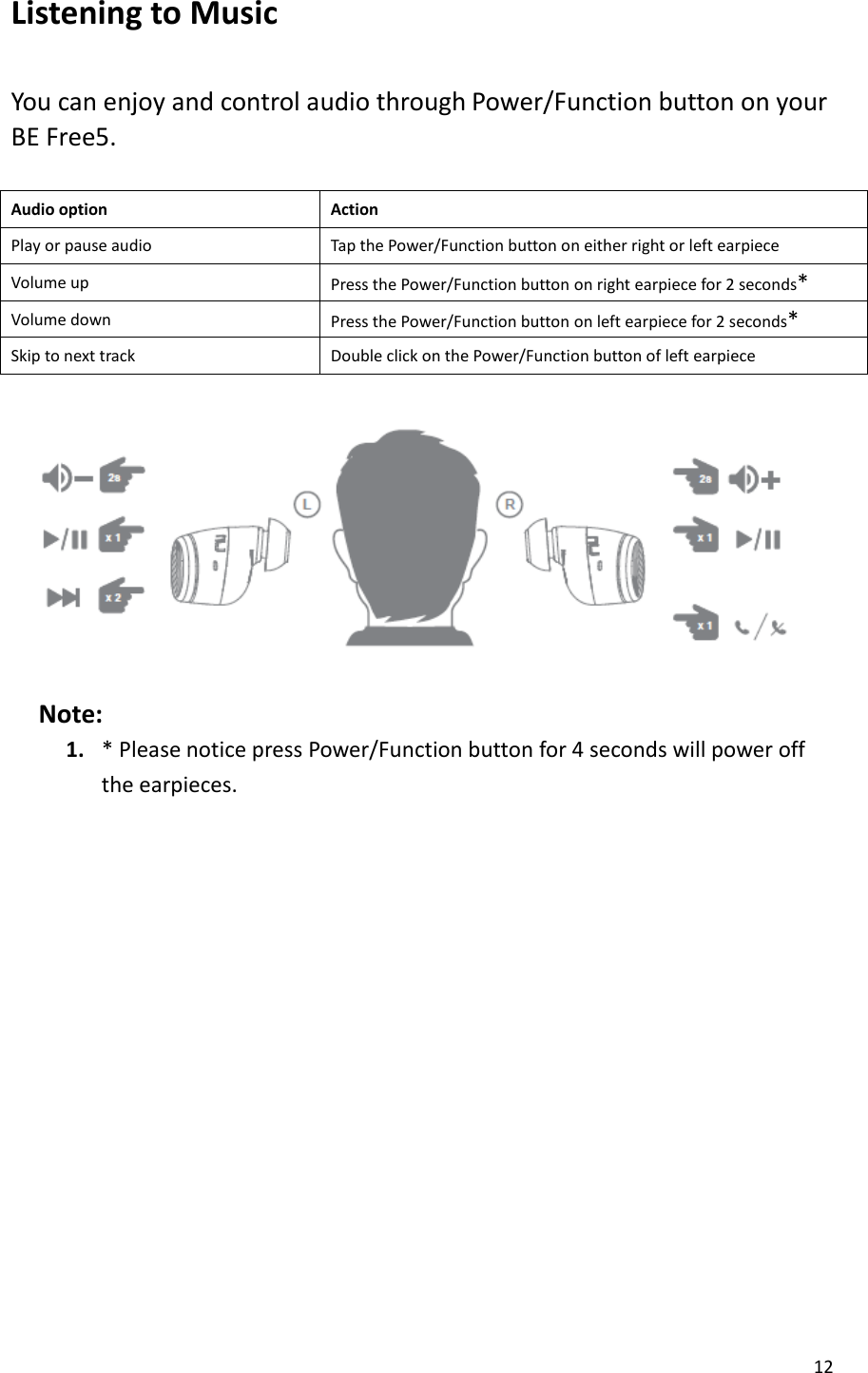 12  Listening to Music    You can enjoy and control audio through Power/Function button on your BE Free5.    Audio option Action Play or pause audio Tap the Power/Function button on either right or left earpiece Volume up Press the Power/Function button on right earpiece for 2 seconds* Volume down Press the Power/Function button on left earpiece for 2 seconds* Skip to next track Double click on the Power/Function button of left earpiece    Note:   1. * Please notice press Power/Function button for 4 seconds will power off the earpieces.        