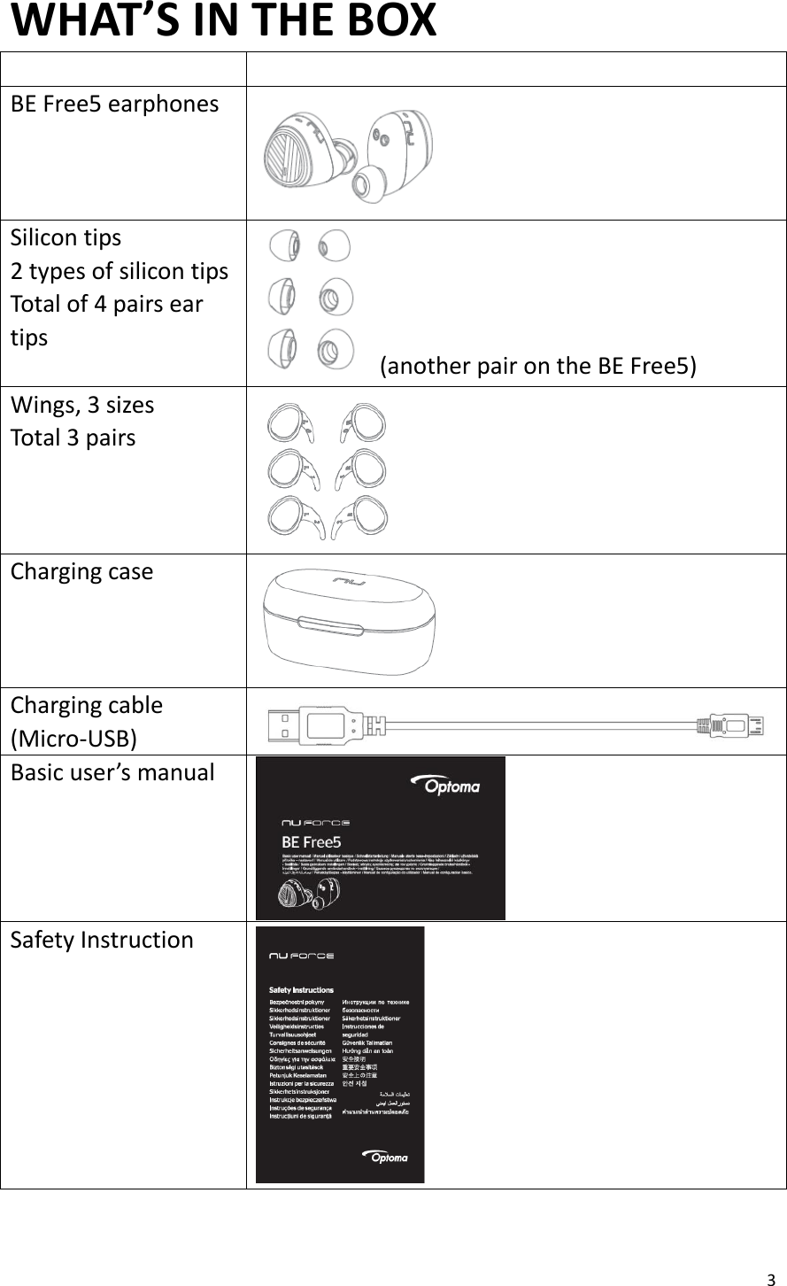 3  WHAT’S IN THE BOX   BE Free5 earphones     Silicon tips 2 types of silicon tips Total of 4 pairs ear tips     (another pair on the BE Free5) Wings, 3 sizes Total 3 pairs  Charging case   Charging cable (Micro-USB)  Basic user’s manual   Safety Instruction     