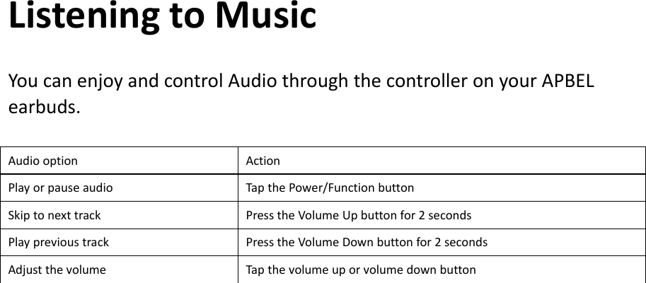 ListeningtoMusicYoucanenjoyandcontrolAudiothroughthecontrolleronyourAPBELearbuds.AudiooptionActionPlayorpauseaudioTapthePower/FunctionbuttonSkiptonexttrackPresstheVolumeUpbuttonfor2secondsPlayprevioustrackPresstheVolumeDownbuttonfor2secondsAdjustthevolumeTapthevolumeuporvolumedownbutton