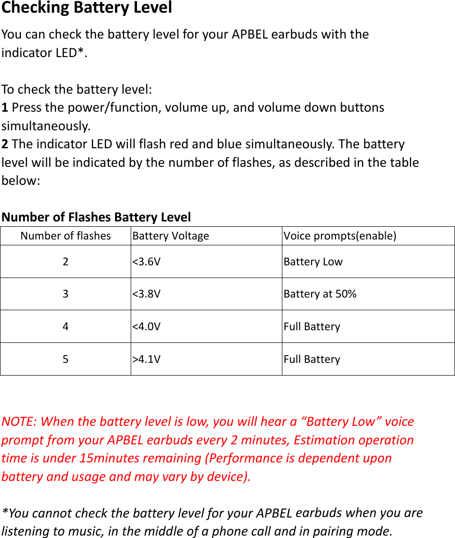 CheckingBatteryLevelYoucancheckthebatterylevelforyourAPBELearbudswiththeindicatorLED*.Tocheckthebatterylevel:1Pressthepower/function,volumeup,andvolumedownbuttonssimultaneously.2TheindicatorLEDwillflashredandbluesimultaneously.Thebatterylevelwillbeindicatedbythenumberofflashes,asdescribedinthetablebelow:NumberofFlashesBatteryLevelNumberofflashesBatteryVoltageVoiceprompts(enable)2&lt;3.6VBatteryLow3&lt;3.8VBatteryat50%4&lt;4.0VFullBattery5&gt;4.1VFullBatteryNOTE:Whenthebatterylevelislow,youwillheara“BatteryLow”voicepromptfromyourAPBELearbudsevery2minutes,Estimationoperationtimeisunder15minutesremaining(Performanceisdependentuponbatteryandusageandmayvarybydevice).*YoucannotcheckthebatterylevelforyourAPBELearbudswhenyouarelisteningtomusic,inthemiddleofaphonecallandinpairingmode.