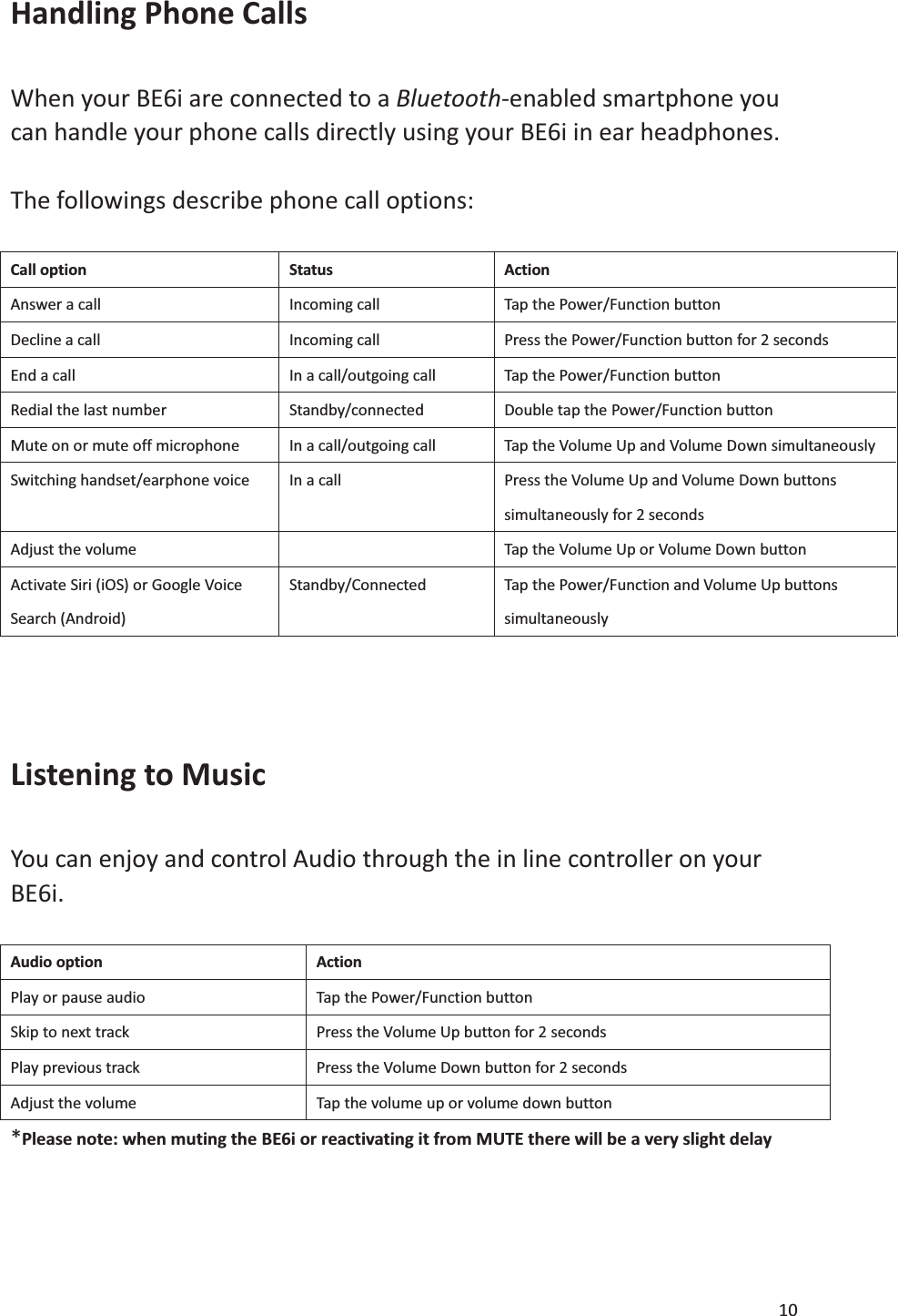 10  Handling Phone Calls    When your BE6i are connected to a Bluetooth-enabled smartphone you can handle your phone calls directly using your BE6i in ear headphones.    The followings describe phone call options:    Call option Status Action Answer a call Incoming call Tap the Power/Function button Decline a call Incoming call Press the Power/Function button for 2 seconds End a call In a call/outgoing call Tap the Power/Function button Redial the last number Standby/connected Double tap the Power/Function button Mute on or mute off microphone In a call/outgoing call Tap the Volume Up and Volume Down simultaneously Switching handset/earphone voice In a call Press the Volume Up and Volume Down buttons simultaneously for 2 seconds Adjust the volume  Tap the Volume Up or Volume Down button Activate Siri (iOS) or Google Voice Search (Android) Standby/Connected Tap the Power/Function and Volume Up buttons simultaneously   Listening to Music    You can enjoy and control Audio through the in line controller on your BE6i.   Audio option Action Play or pause audio Tap the Power/Function button Skip to next track Press the Volume Up button for 2 seconds Play previous track Press the Volume Down button for 2 seconds Adjust the volume Tap the volume up or volume down button *Please note: when muting the BE6i or reactivating it from MUTE there will be a very slight delay   