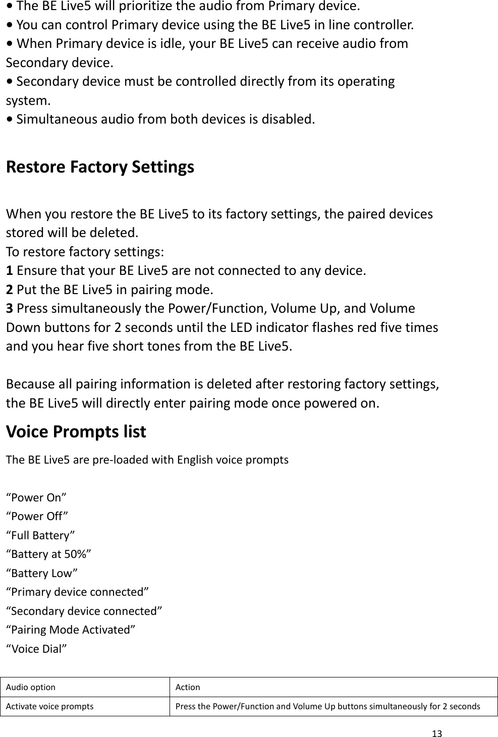 13  • The BE Live5 will prioritize the audio from Primary device.   • You can control Primary device using the BE Live5 in line controller.   • When Primary device is idle, your BE Live5 can receive audio from Secondary device.   • Secondary device must be controlled directly from its operating system.   • Simultaneous audio from both devices is disabled.  Restore Factory Settings    When you restore the BE Live5 to its factory settings, the paired devices stored will be deleted.   To restore factory settings:   1 Ensure that your BE Live5 are not connected to any device.   2 Put the BE Live5 in pairing mode.   3 Press simultaneously the Power/Function, Volume Up, and Volume Down buttons for 2 seconds until the LED indicator flashes red five times and you hear five short tones from the BE Live5.  Because all pairing information is deleted after restoring factory settings, the BE Live5 will directly enter pairing mode once powered on. Voice Prompts list   The BE Live5 are pre-loaded with English voice prompts    “Power On” “Power Off” “Full Battery” “Battery at 50%” “Battery Low” “Primary device connected” “Secondary device connected” “Pairing Mode Activated” “Voice Dial”  Audio option Action Activate voice prompts Press the Power/Function and Volume Up buttons simultaneously for 2 seconds 