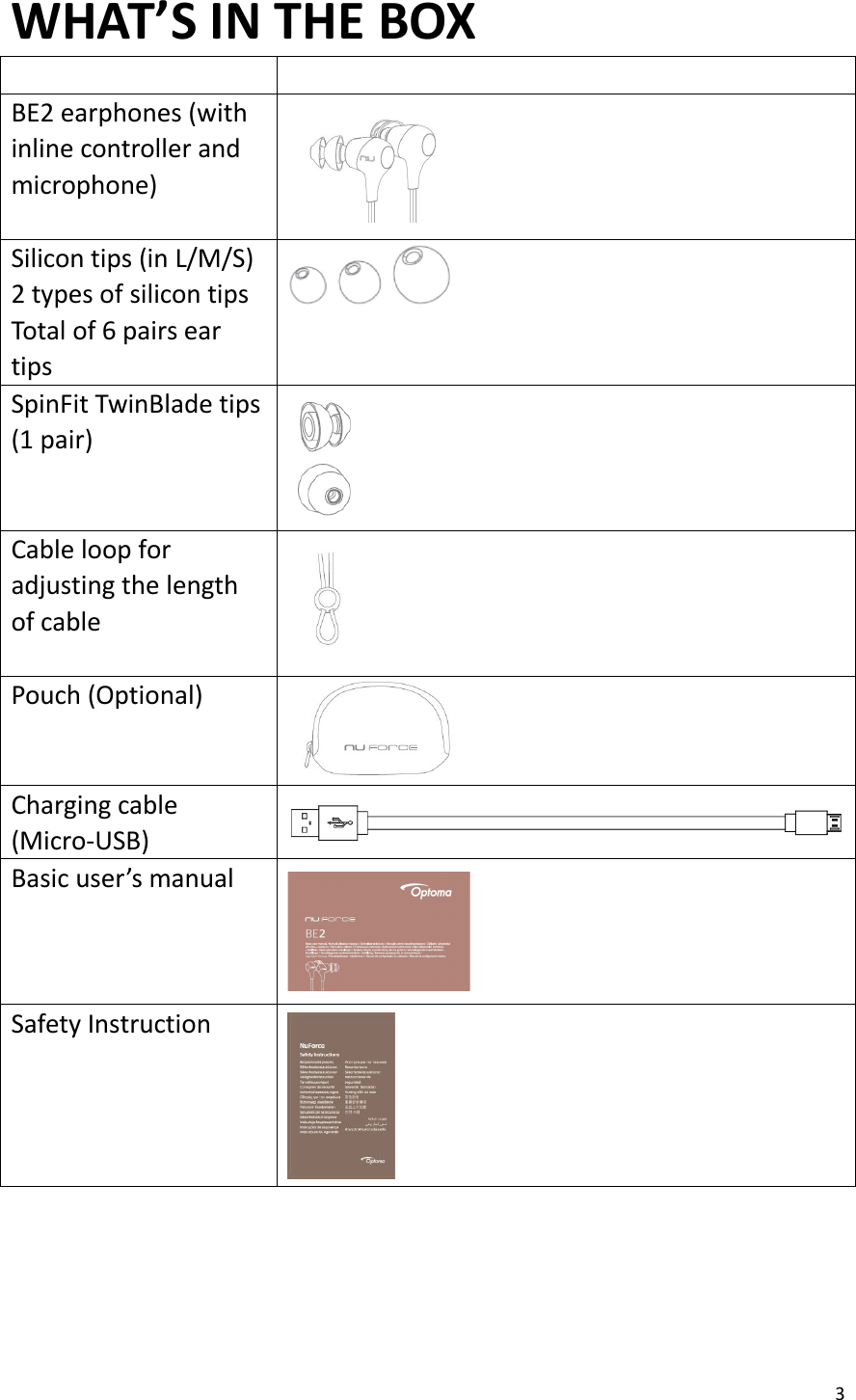 3WHAT’S IN THE BOXBE2 earphones (withinline controller andmicrophone)Silicon tips (in L/M/S)2 types of silicon tipsTotal of 6 pairs eartipsSpinFit TwinBlade tips(1 pair)Cable loop foradjusting the lengthof cablePouch (Optional)Charging cable(Micro-USB)Basic user’s manualSafety Instruction