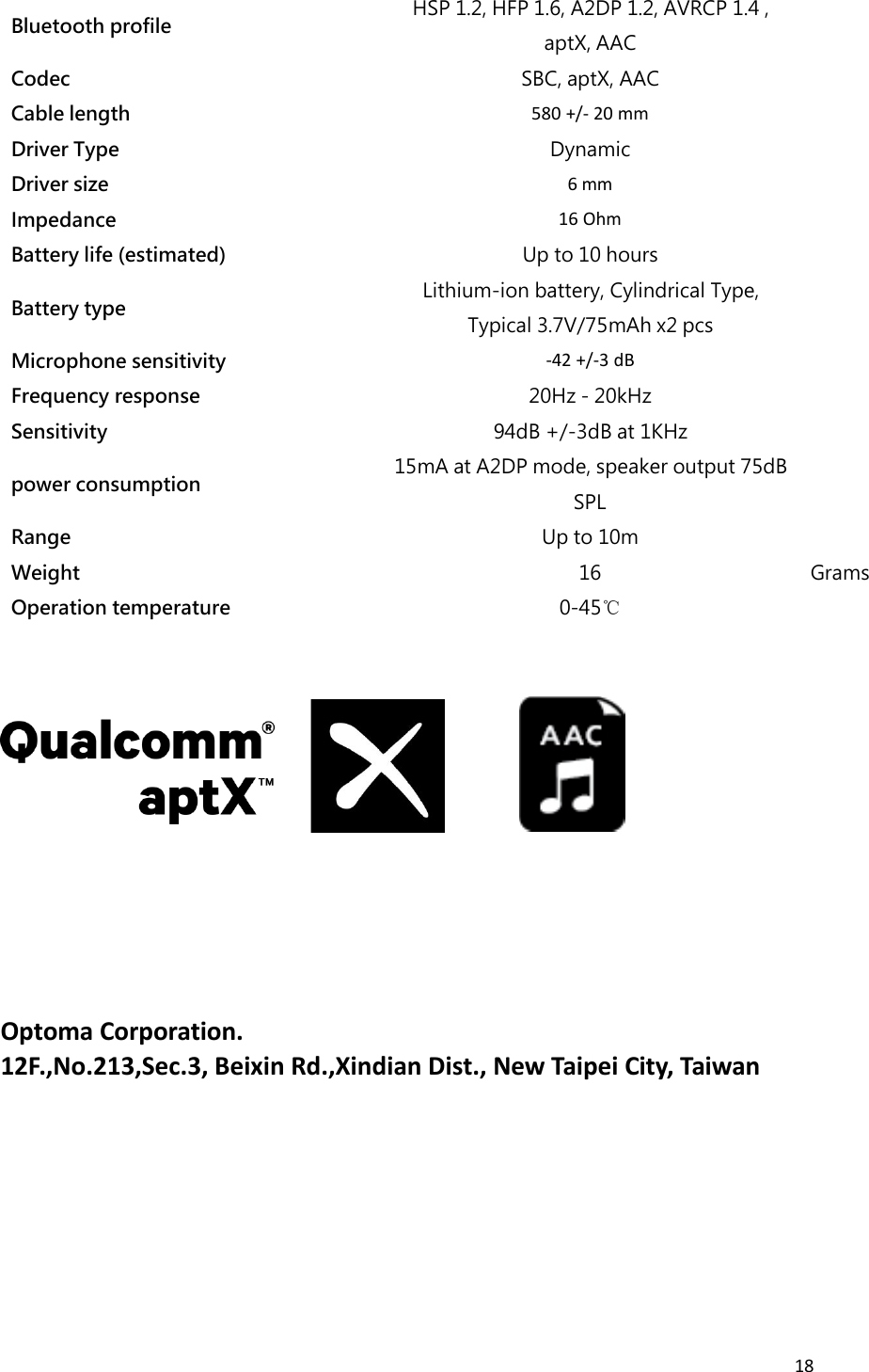 Page 18 of Optoma APBESPORTH Bluetooth earphones User Manual 